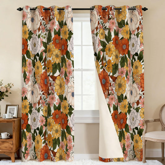 HEIFAM Boho Floral Light Filtering Curtains for Bedroom 84In Long 2 Panels, Flower Leaves Print Curtains for Living Room, Patterned Decorative Curtain, Modern Flower Window Drapes Decorate for Spring