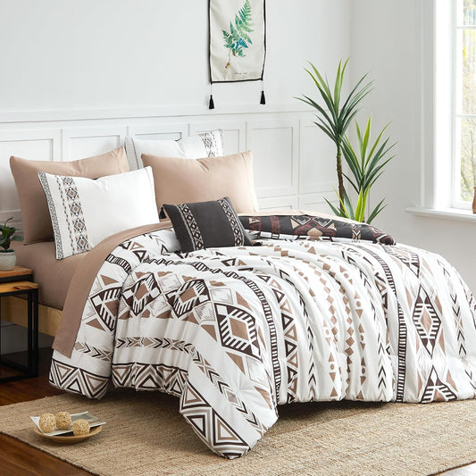 Geniospin Queen Comforter Set - 7 Pieces Reversible Bedding Set, Western Bed in A Bag, Lightweight Soft Aztec Bedding, All Season Bed Comforter Set with Sheets, Pillowcases & Shams