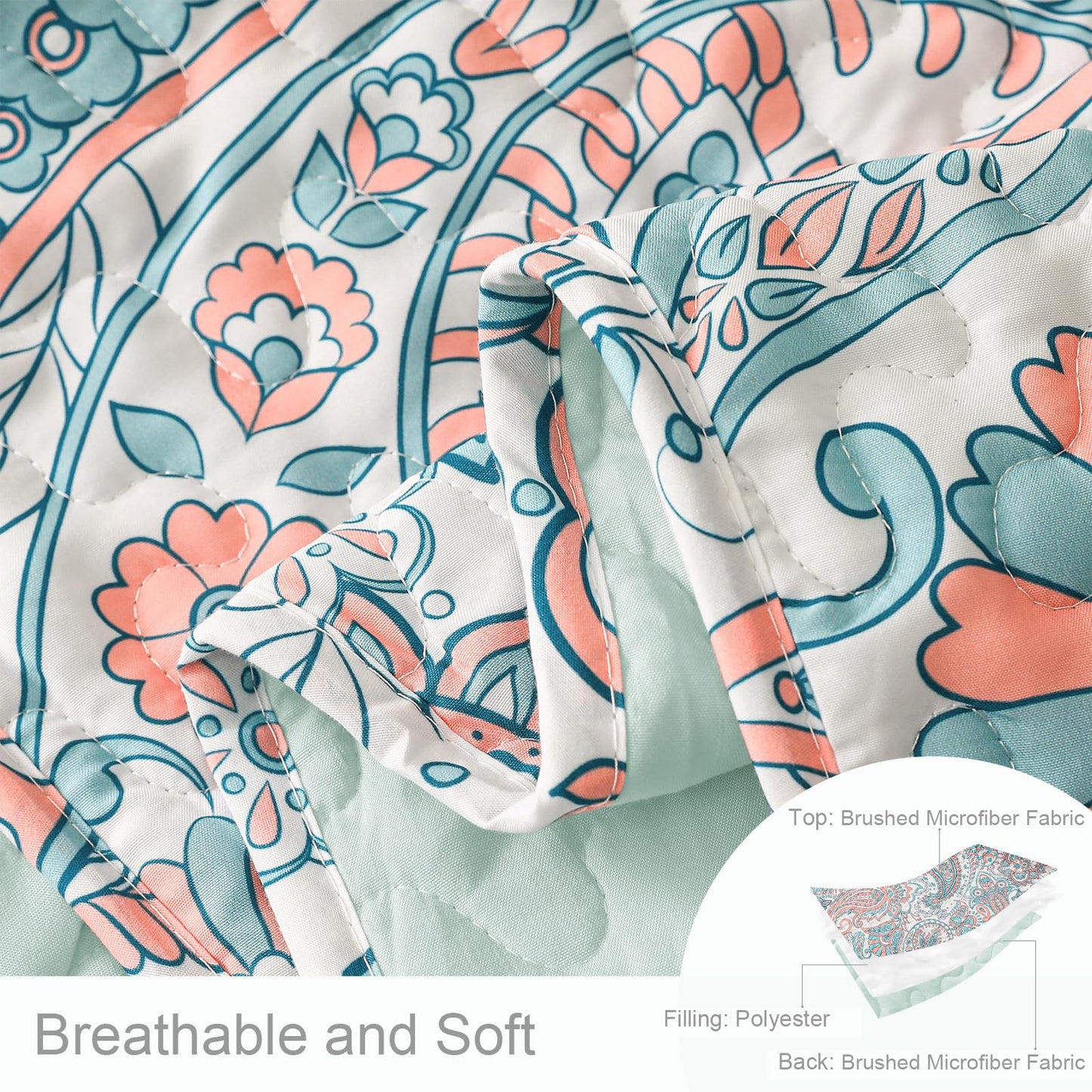 Exclusivo Mezcla Reversible Boho Quilts Queen Size, Aqua Soft Bedspreads Lightweight Coverlet All Season Paisley Quilt Bedding Set with Printed Floral Pattern (1 Quilt, 2 Pillow Shams)