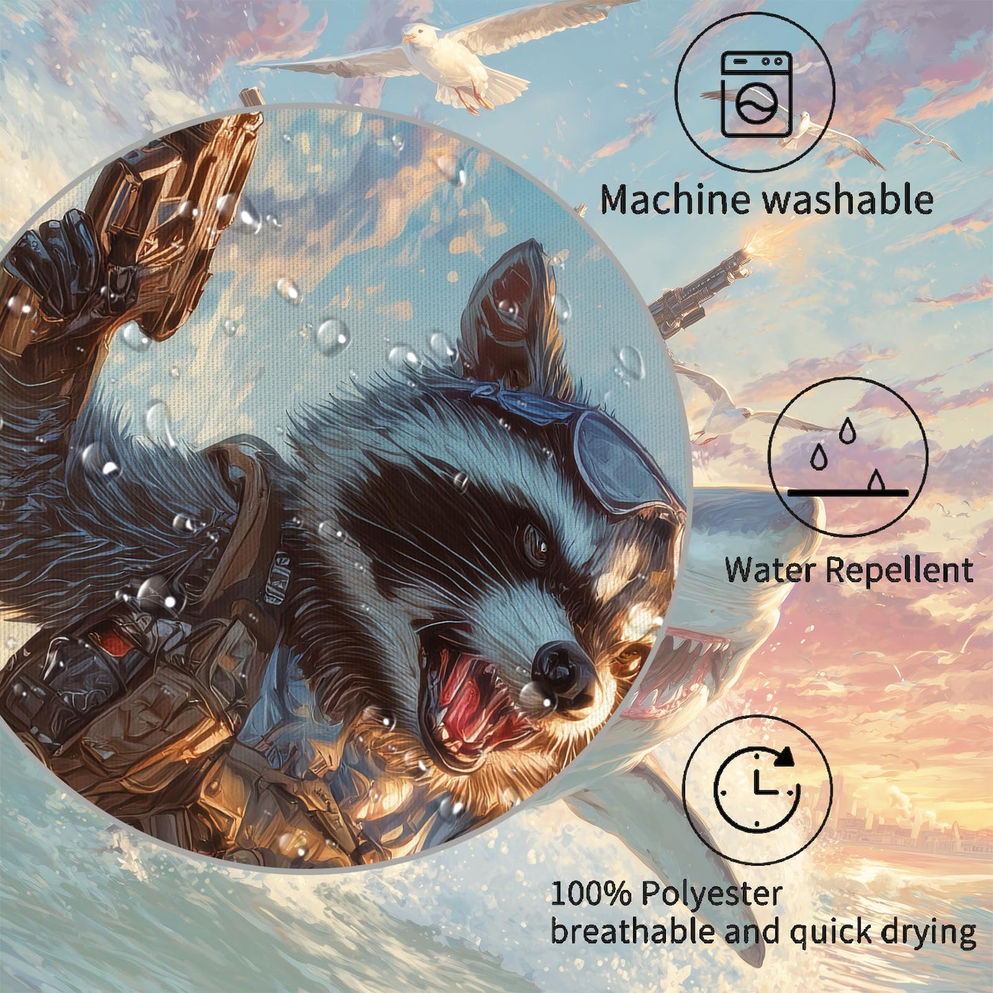 Sokdcam Funny Raccoon Riding Shark Shower Curtain, Fun Cool Animal Ocean Nautical Bathroom Curtains Set, Waterproof Fabric Bath Curtains Decor 72 X 72 Inch
