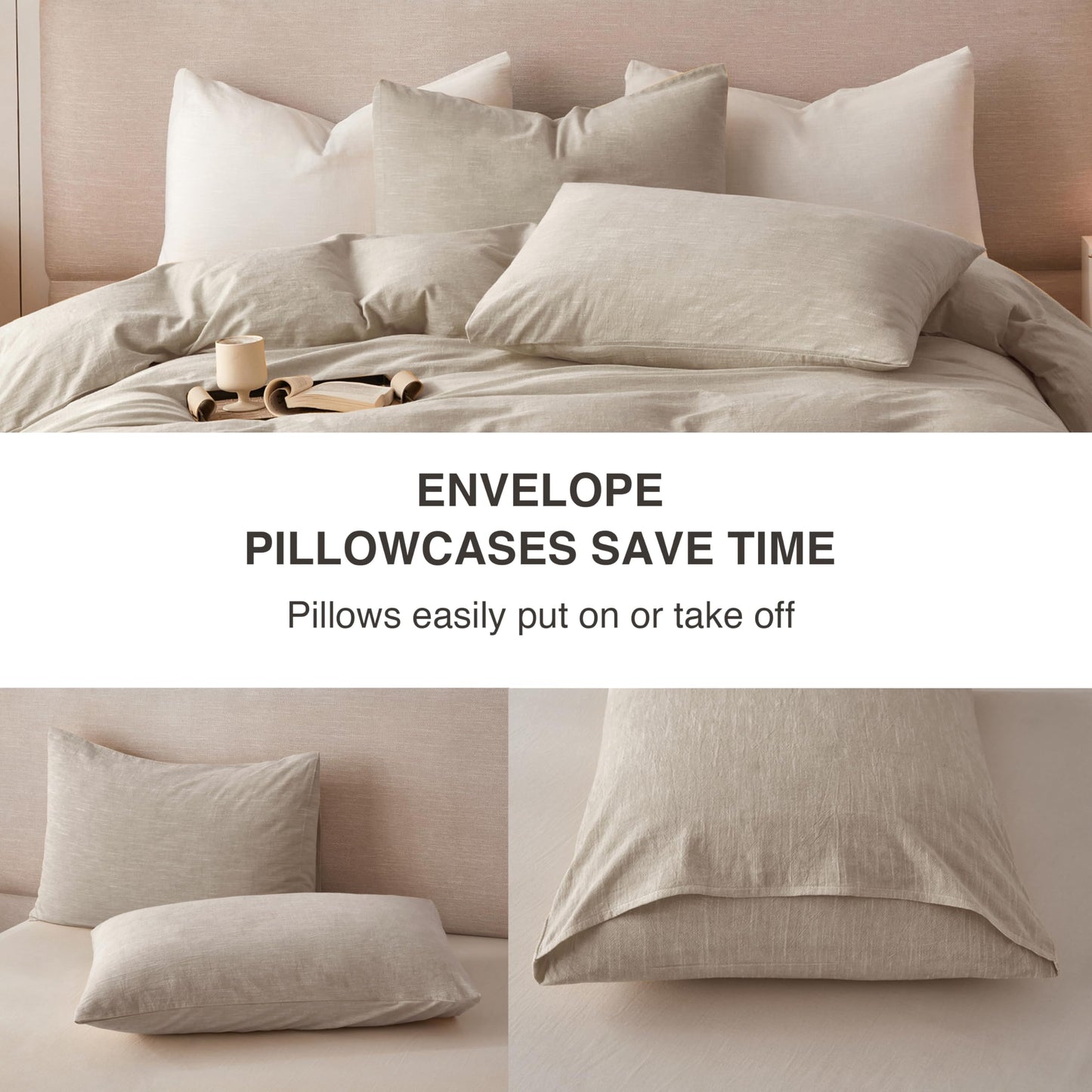 BFS HOME Linen Duvet Cover Queen Size - Soft Breathable Cotton Linen Blend, 3-Pieces Bedding Set with 2 Pillowcases, Stonewashed Texture, Khaki, All-Season Comfort