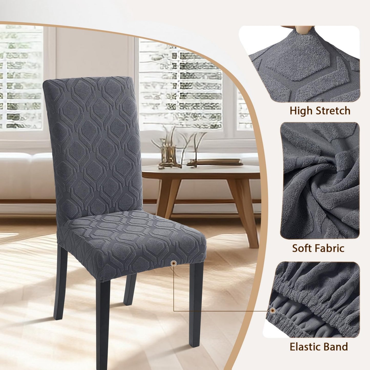 SearchI Dining Room Chair Covers Set of 4, Stretch Jacquard Parsons Chair Slipcovers Spandex Removable Washable Kitchen Chair Protector Cover for Dining Room, Hotel, Ceremony (Grey)
