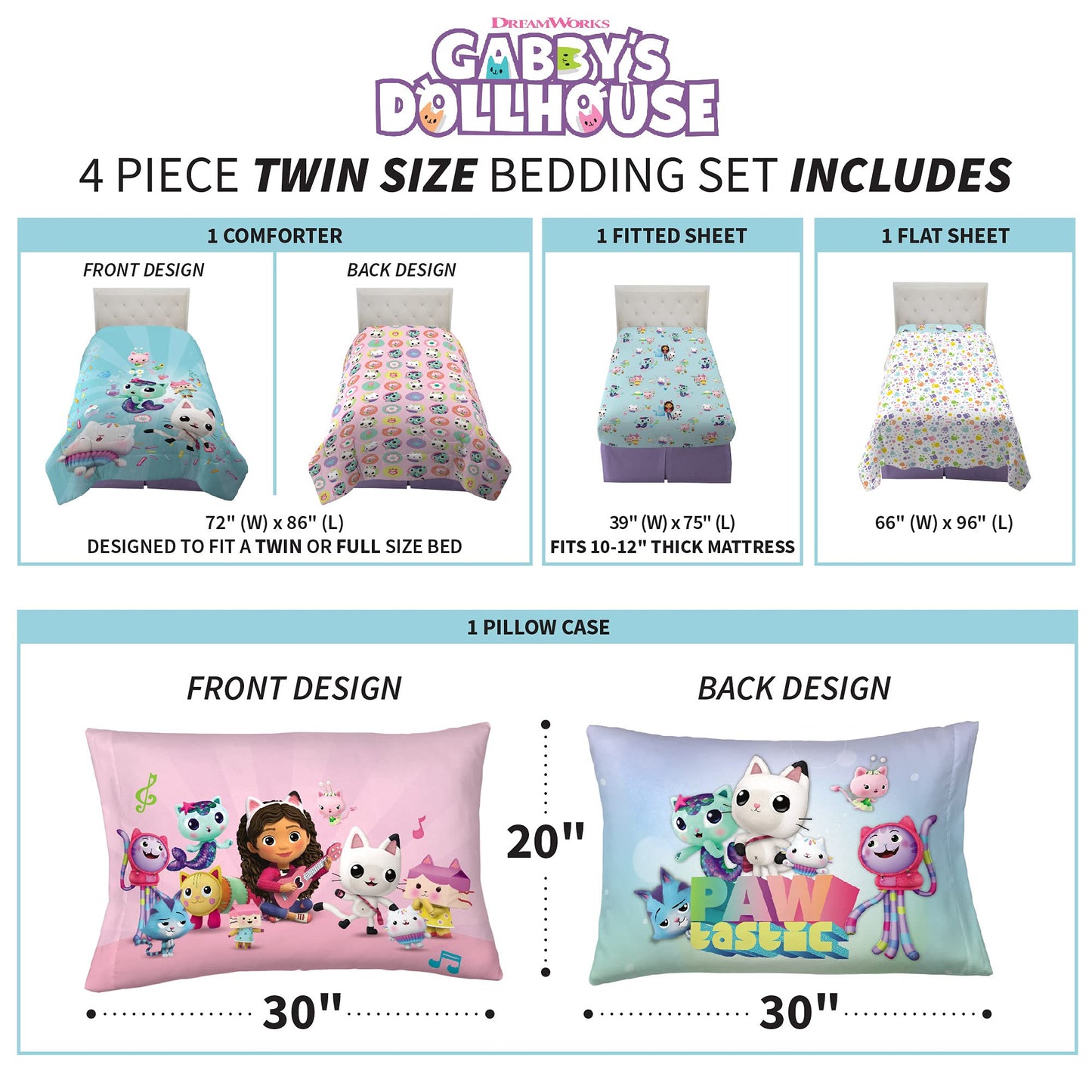 DreamWorks Gabby's Dollhouse Cakey, MerCat And Pandy Kids Bedding Super Soft Comforter And Sheet Set, 4 Piece Twin Size, By Franco