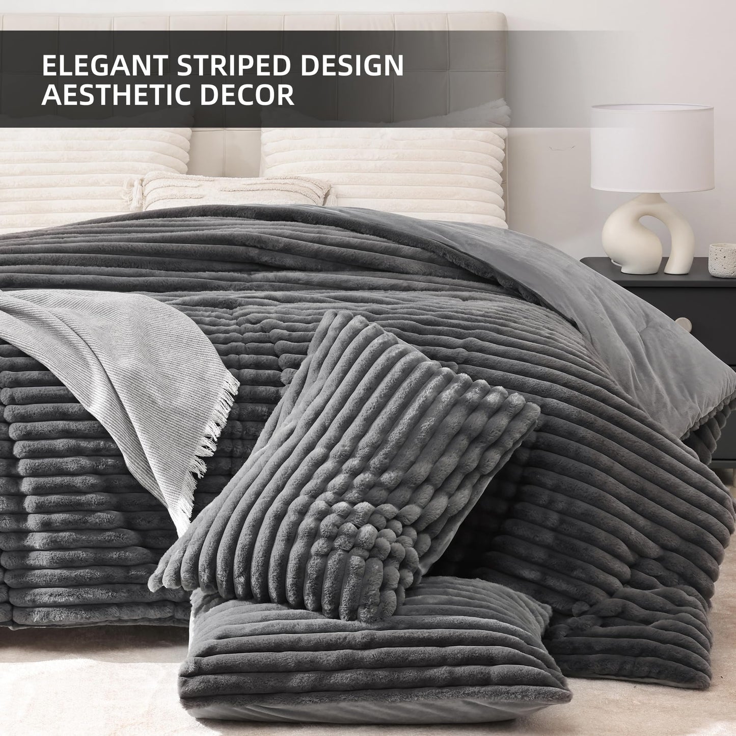 Smoofy Fluffy King Size Comforter Set 3 Pieces - Dark Grey Fleece Fluffy Comforter Set, Luxury Fuzzy King Bedding Set, Soft King Bed Set All Season, Heavy Faux Fur Comforter with 2 Pillow Cases