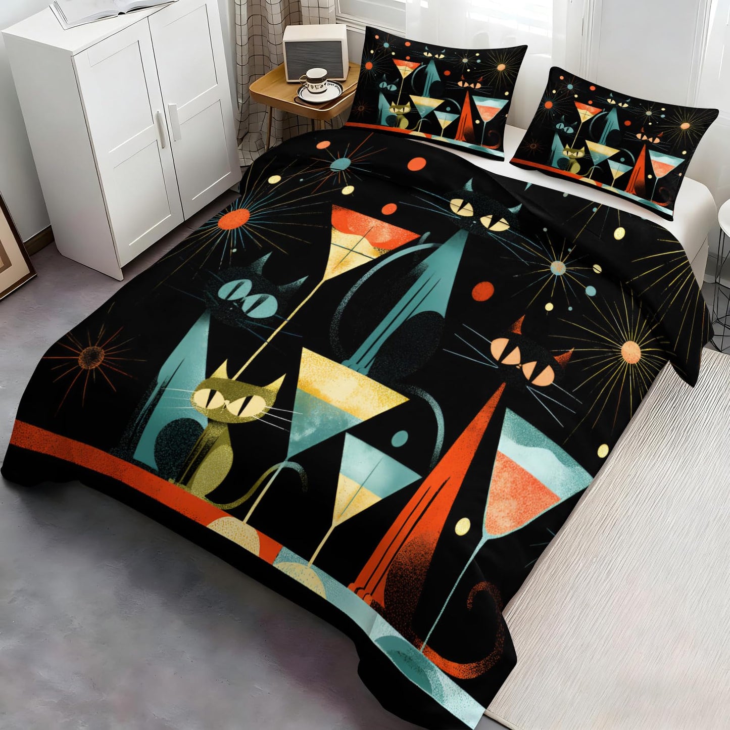 ZAMODE Cat Duvet Cover Queen Size, Mid Century Atomic Cat Comforter Cover 90" x 90", Abstract Funny Kitten Bedding Set with 2 Pillowcases