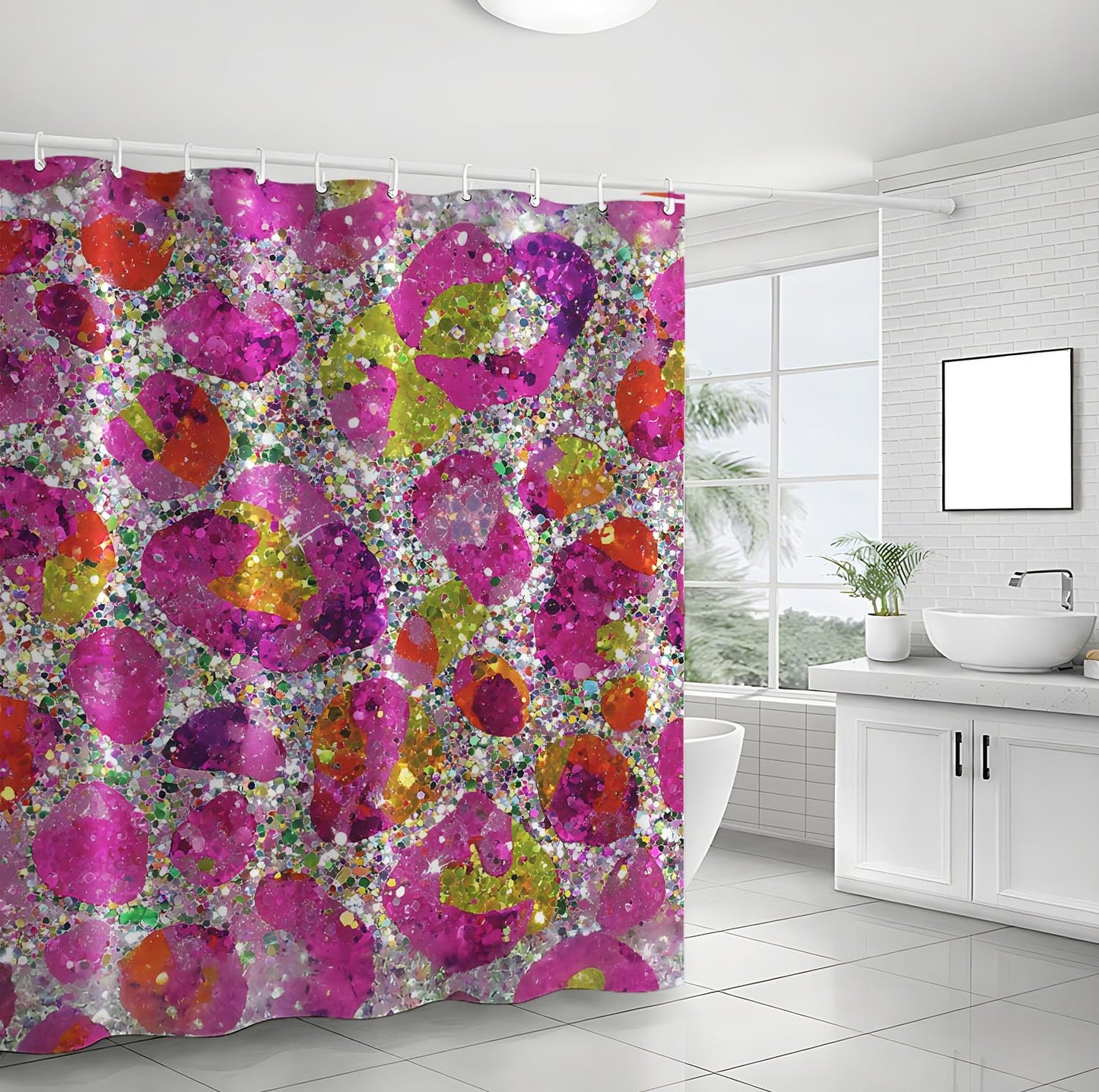 THISFIND Shower Curtain, Sparkly Glitter Floral with Silver Sequins Machine Washable Waterproof Fabric for Bathroom Decor Bathtub with 12 Hooks 72x72