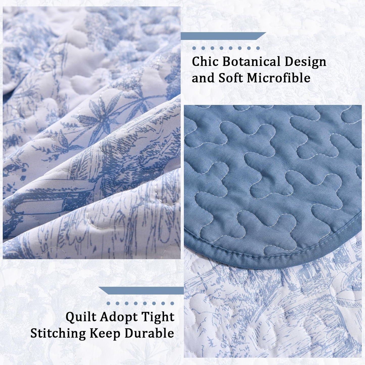 WONGS BEDDING Blue Quilt Set Queen Size, 3 Pieces Botanical Bedspreads Set Lightweight Microfiber Blue Toile Plants Pattern Coverlet Home Decor for All Seasons(96"×90")