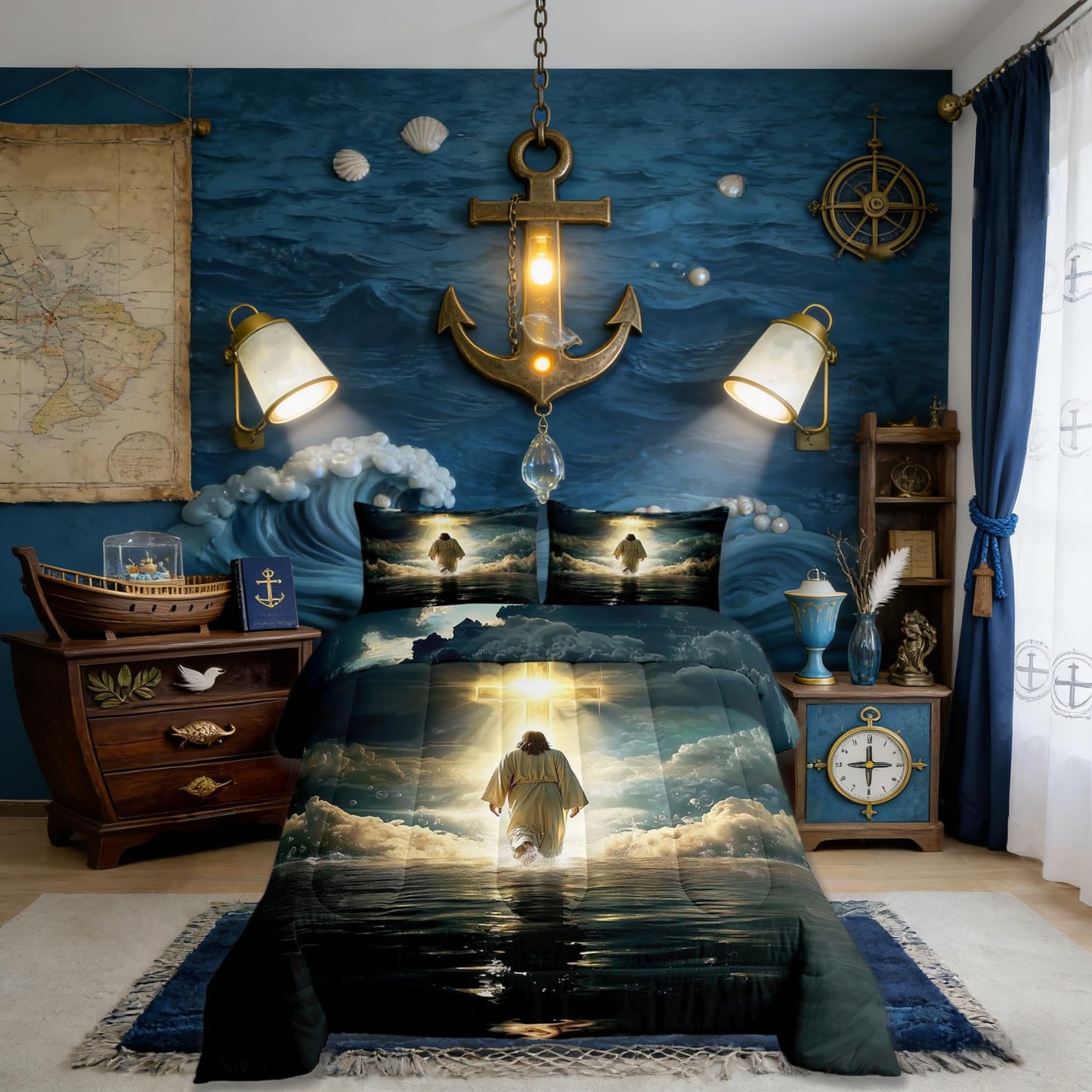 God Walking on Water Girls Bedding Set Twin Size,Western Faith Bible Verse Comforter Set,Spiritual Blue Ocean Quilt Comforter Girls Boys Teens,Golden Dark Blue Room Decor All Season,1 Pillowcase