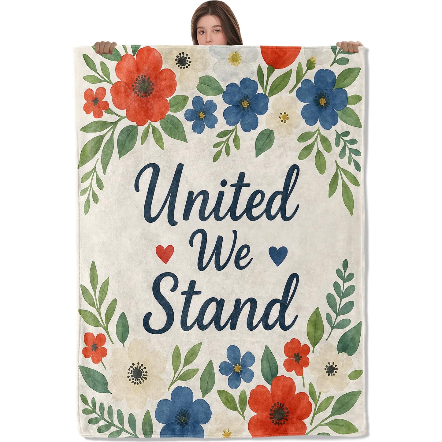 Wanoryer United We Stand Floral Blanket, Comfy & Warm Flannel Red White Blue Flowers Throw Blanket for Couch, Gifts for Women Girls, Soft Lightweight Travel Bed Office Blankets for Decor 50"×60"