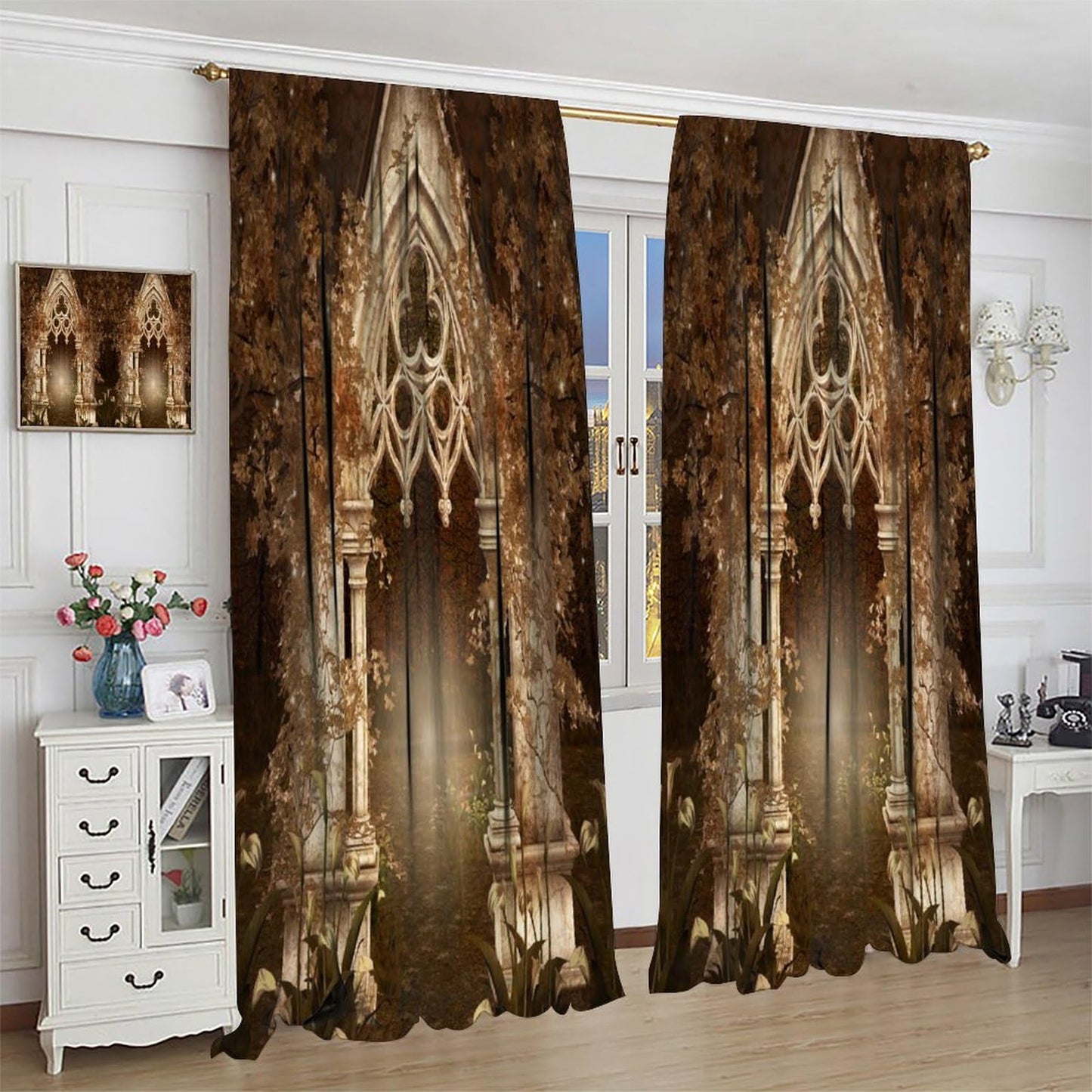 YCness Fantasy Nature Landscape Curtains, Golden Sparkle Gothic Fantasy Gate Magic Dreamland Fairy Window Treatments for Kitchen Living Room Bedroom Home, 2 Panels 42x45 Inch