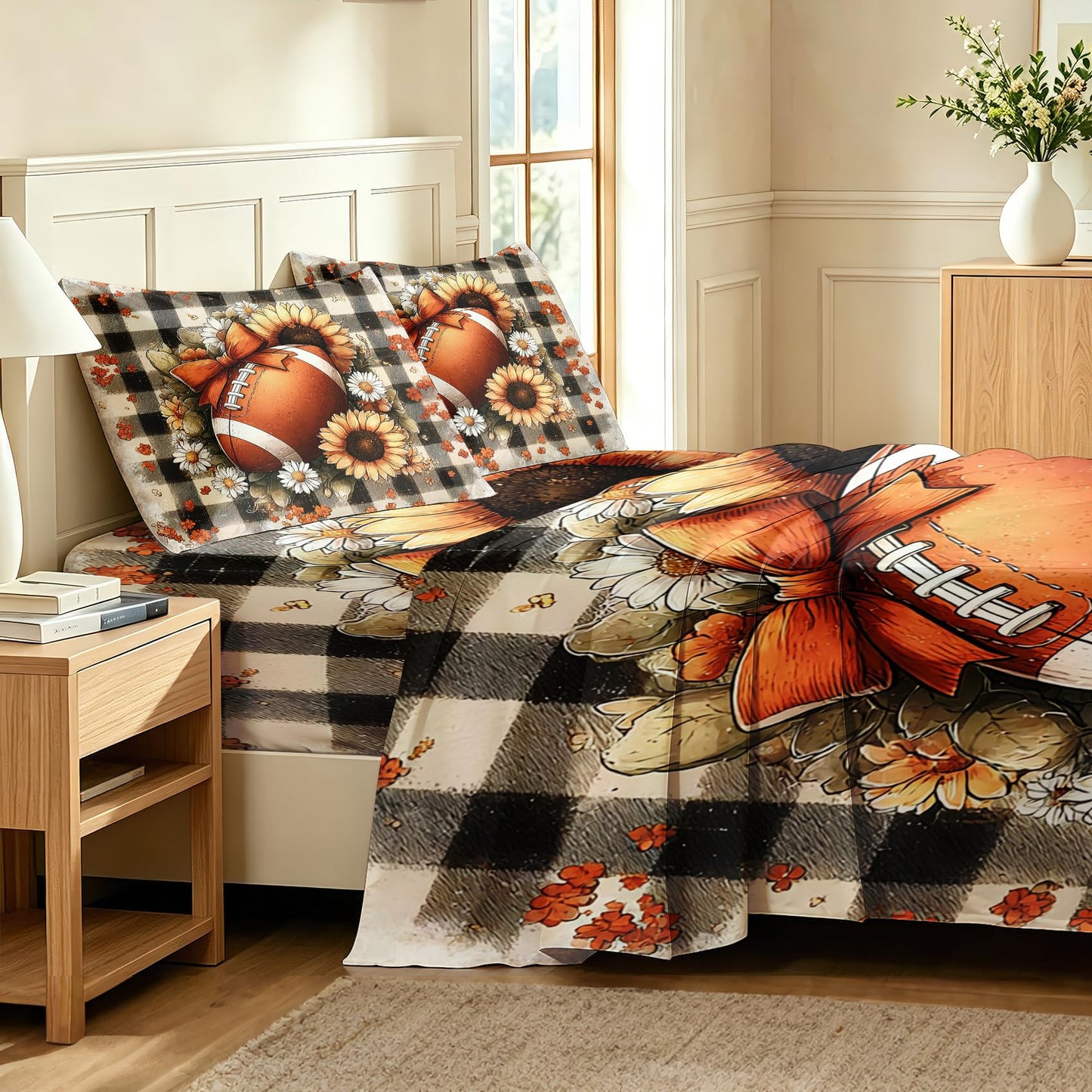 Football Queen Sheet Set 4 Pcs Sunflower Bed Sheets, Brown