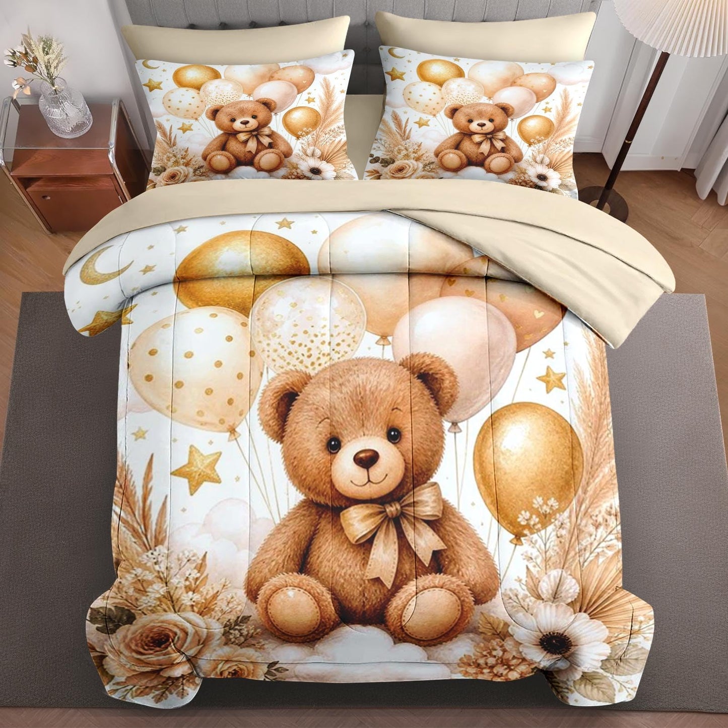 Boewywh Comforter Set Twin Size Boho Bear Birthday 5 Pcs, Bedding for Kids and Adults, Bed Sheet Sets with Fitted Sheet Pillowcase & Sham for Bedroom Bed Decor