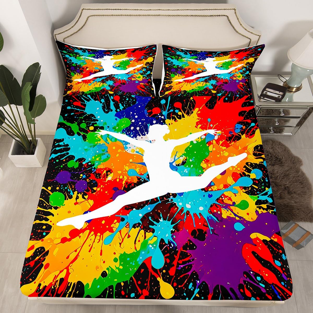 Erosebridal Gymnastics Fitted Sheet Deep Pocket Gifts for Girls Kids Full Size Rainbow Tie Dye Bed Sheets,Gymnast Sports Bedding Set Gymnastics Lover Sheets with 2 Pillow Cases Bedroom Decor