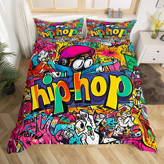 Hip Hop Comforter Cover King Size Kids Boys Colorful Duvet Cover Graffiti Art Hippie Style Bedding Set for Adult Teens Street Culture Bedspread Youth Girls Hip Hop Theme Quilt Cover, No Comforter