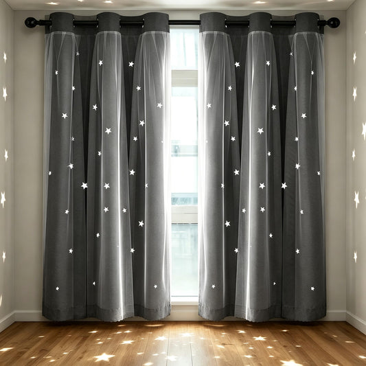 Kinryb Grey Star Cut-Out Blackout Curtains Kids Curtain Mix and Match Curtain for Nursery Grommet Top Small Curtains Thermal Insulated Drape for Bedroom 42" W x 45" L Grey 2 Panels 2 Tiebacks