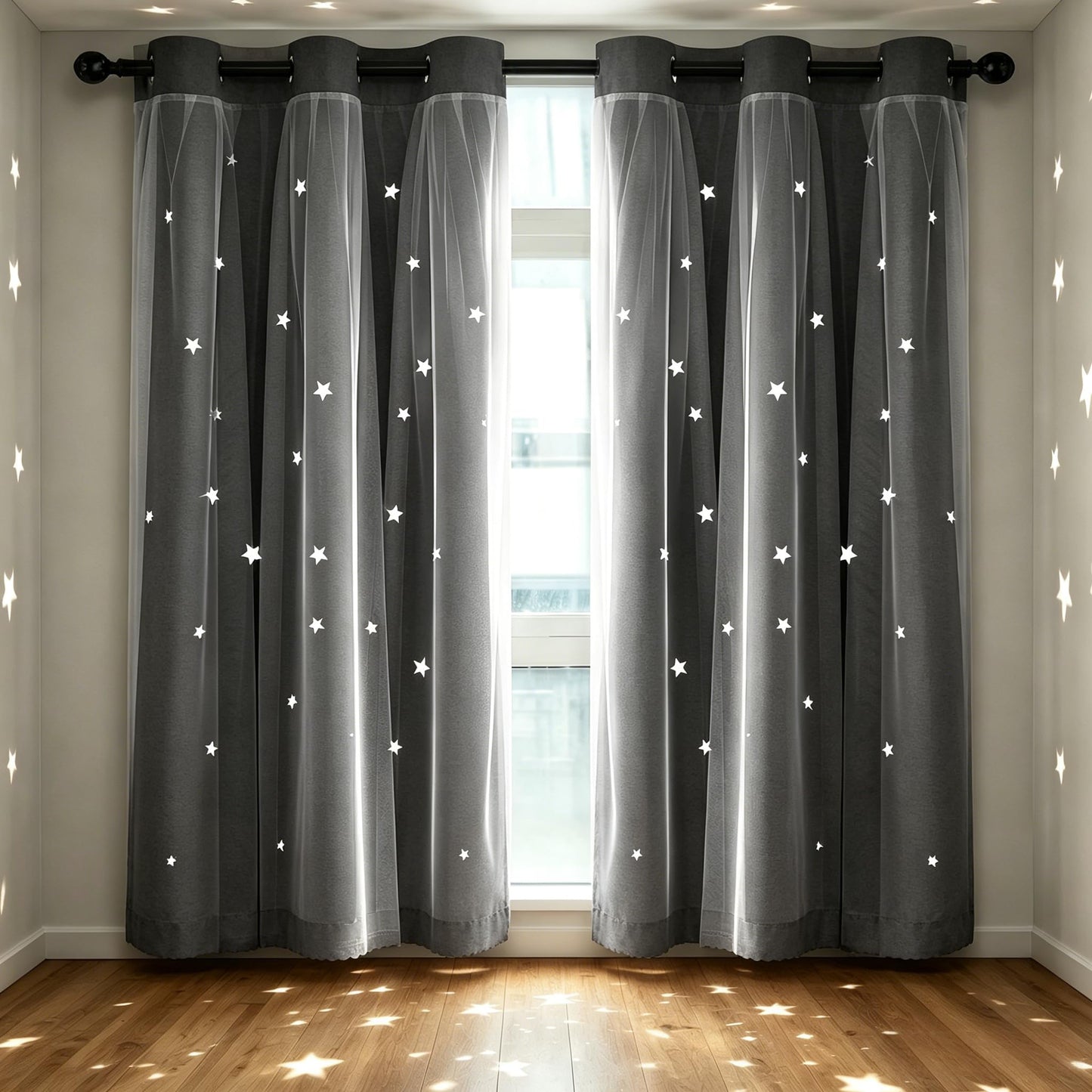 Kinryb Grey Star Cut-Out Blackout Curtains Kids Curtain Mix and Match Curtain for Nursery Grommet Top Small Curtains Thermal Insulated Drape for Bedroom 42" W x 45" L Grey 2 Panels 2 Tiebacks