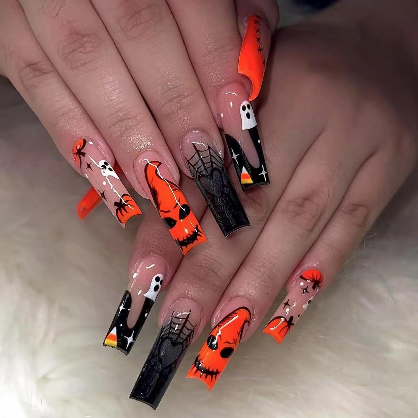 BABALAL Press on Nails Long Square Fake Nails Black Orange French Tip Glues ons Ghost Spider Web Halloween Goth Design 24Pcs Manicure Stick on Full Cover False Nails