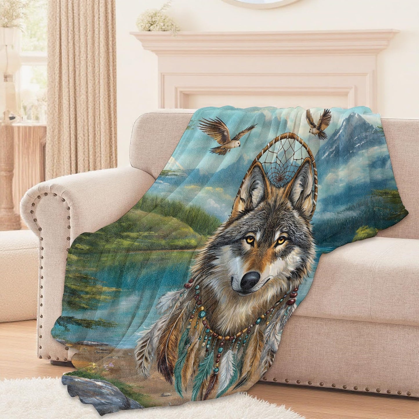 Lugiu Wolf Pattern Blanket, Lightweight Comfy Tribal Dreamcatcher Design Blankets for Couch Sofa Bedroom, Soft Plush Travel Flannel Throw Blanket Gifts for Adults Kids Women, Home Decor 60×50in