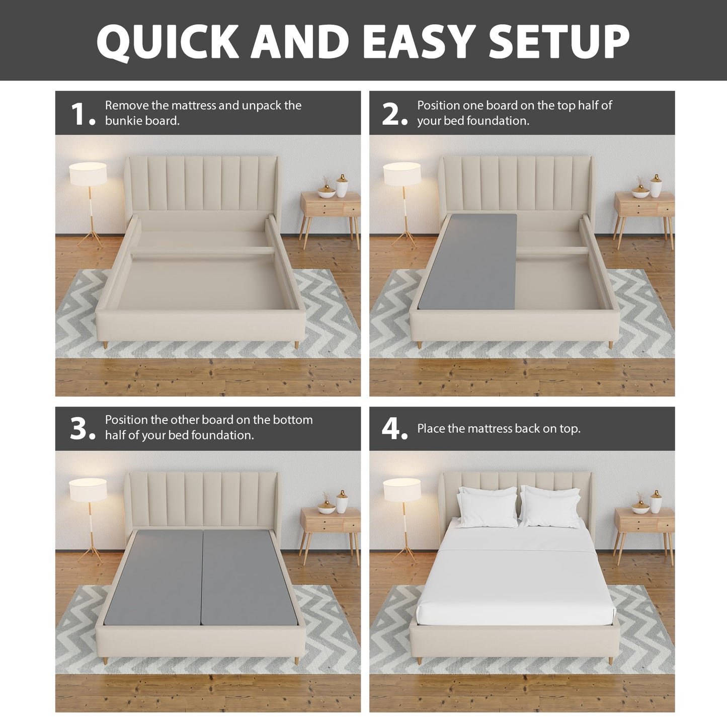 Greaton 1.5" Split Wood Bunkie Board Queen Bed - 2-Piece Under Mattress Support Board, Fully Assembled, Fabric Ventilation Cover - Replaces Wooden Slats or Box Spring for Bed Frames