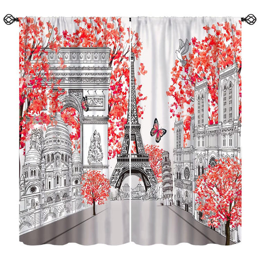 Paris Eiffel Tower Curtains, Vintage European Romantic City Scenery Landscape Landmark Cityscape Modern Red Window Treatments Drapes for Girls Bedroom Living Room Kitchen W42xL45in(Decor)