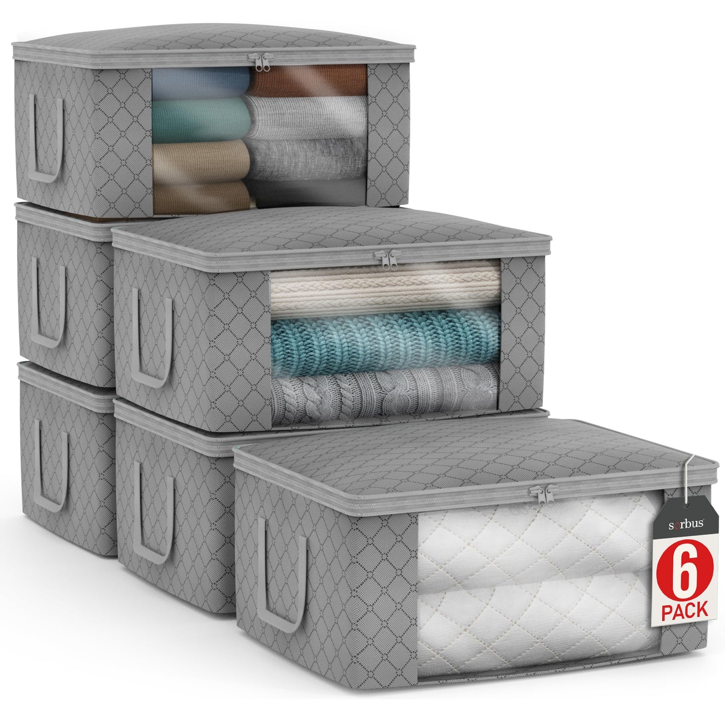 Sorbus Medium Clothes Storage Bags - Foldable Blanket Storage Bins for Organizing Bedroom, Closet, Clothing, Comforter, Organization with Clear Window, Lids and Carry Handles - Set of 6