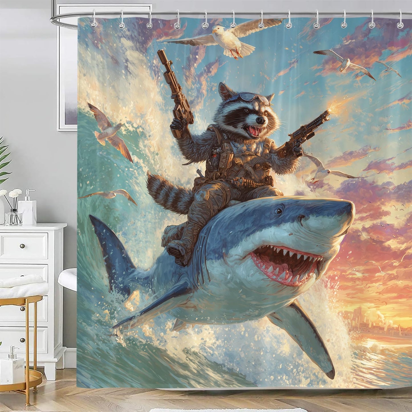 Sokdcam Funny Raccoon Riding Shark Shower Curtain, Fun Cool Animal Ocean Nautical Bathroom Curtains Set, Waterproof Fabric Bath Curtains Decor 72 X 72 Inch