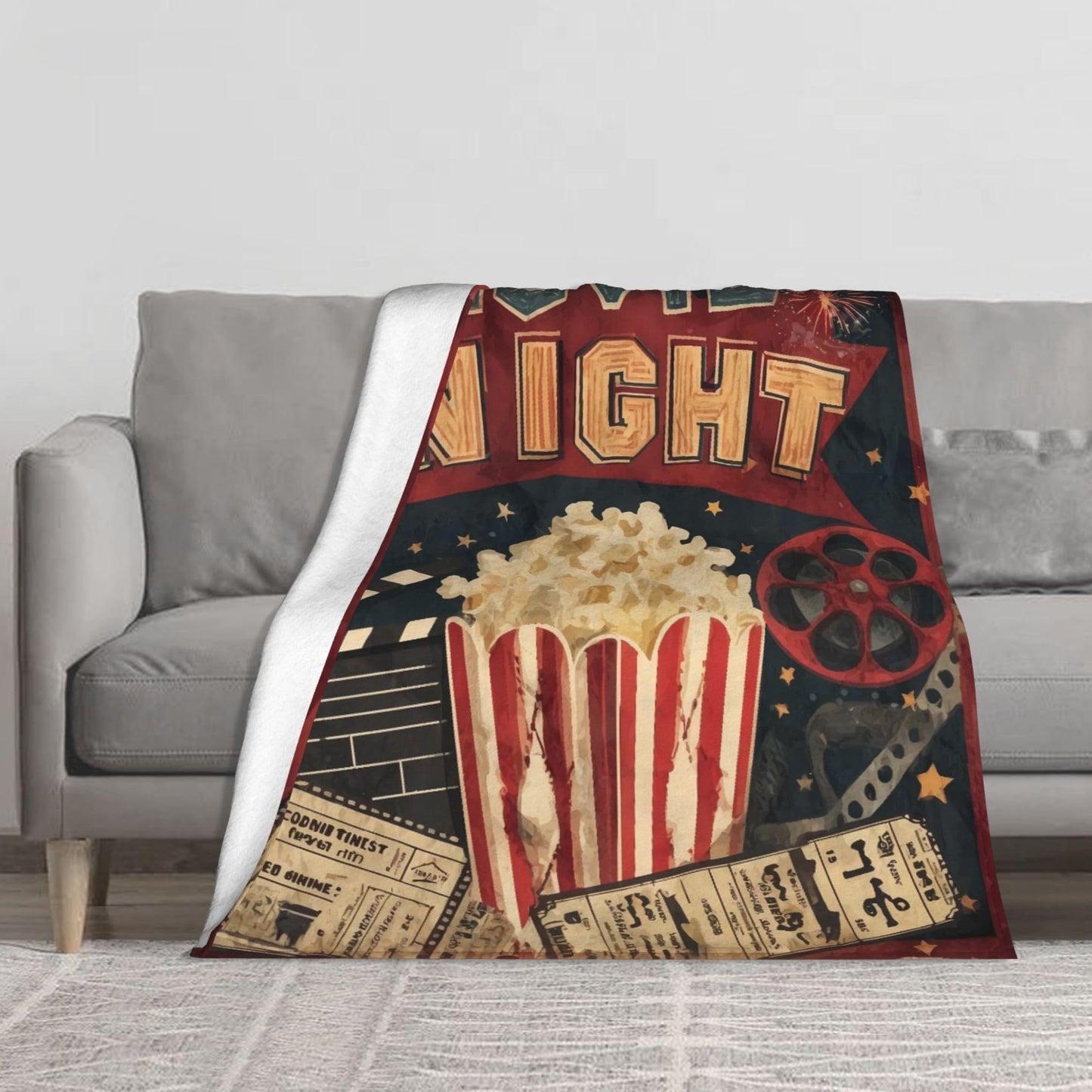 Movie Night Ticket Popcorn Flannel Throw Blanket Soft Cozy Blanket for Living Room Couch Sofa Bed 50 x 60 Inches