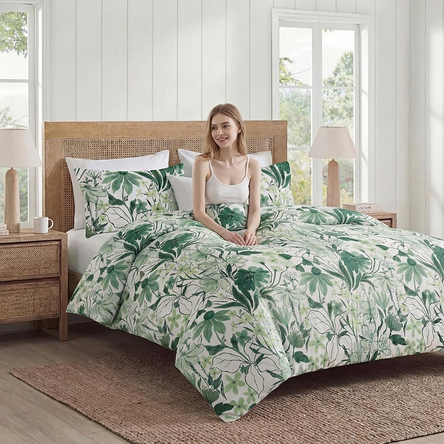 MOVE OVER Green Floral Duvet Cover Queen Size, 100% Cotton Duvet Cover Set with Zipper Closure & Corner Ties, Soft Breathable Line Art Botanical Duvet Cover Set for All Seasons