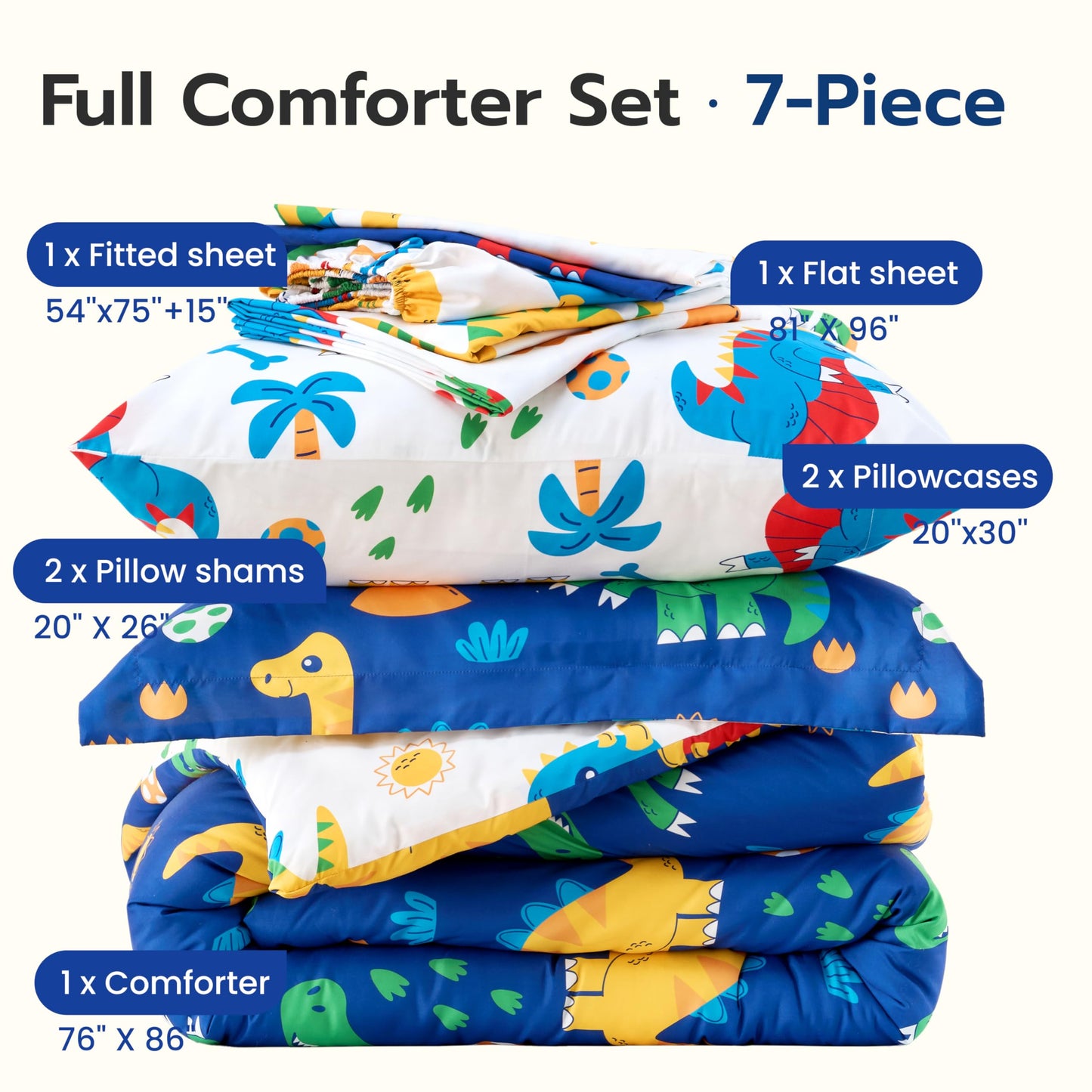 Joiedomi Kids Comforter Set Bedding Set for Boys Girls Super Soft Microfiber Bed in a Bag with Comforter Sheets Pillowcase Sham, Dark Blue Cute Dinosaur, Full