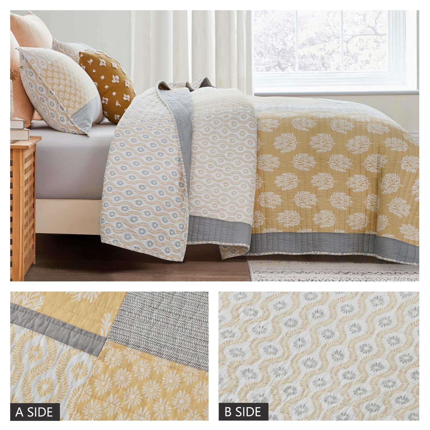 Finlonte King Size Quilt, 100% Cotton Comforter King Size, Yellow Grey Farmhouse Quilted Bedspread, Patchwork Lightweight Reversible Quilt Bedding Set for King Bed, 3-Pieces