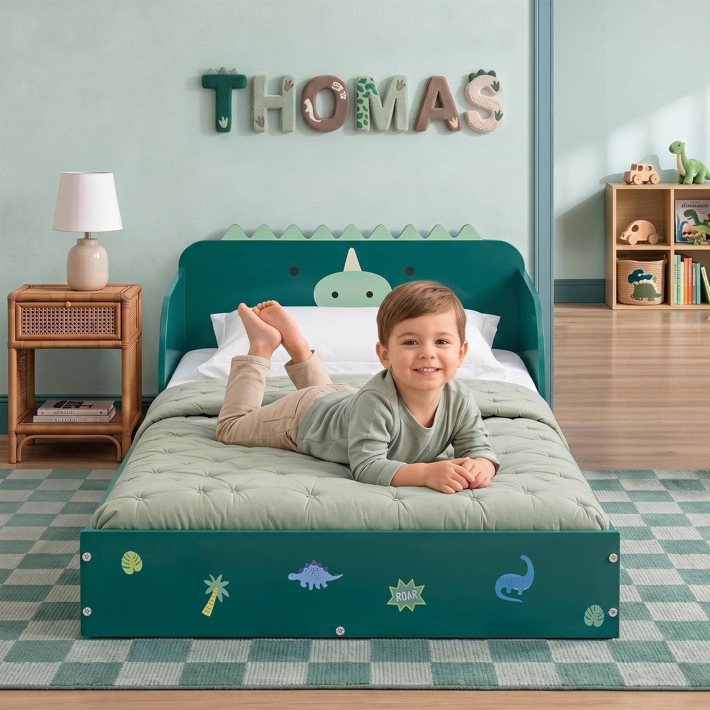 Delta Children Dino Wood Floor Toddler Bed with Reusable Stickers, Green