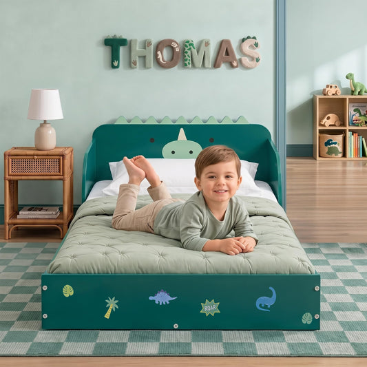 Delta Children Dino Wood Floor Toddler Bed with Reusable Stickers, Green