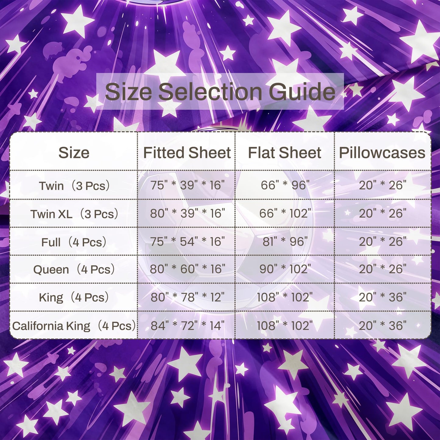 Soccer Ball Sheet Set, 4 Pcs Queen Size Boys Stars Bed Sheets, Purple