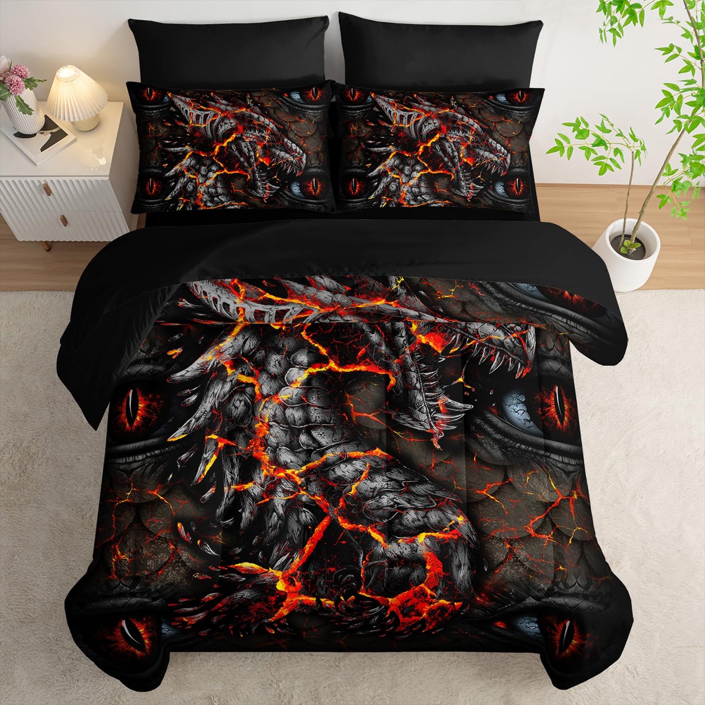 AILONEN Burning Ash Dragon Comforter Set,7-Piece Eye of The Dragon Bed in a Bag for Teen Boys Twin Size,Boho Style Comforter & Fitted Sheet with Flat Sheet & 2 Pillowcases,2 Pillow Cases