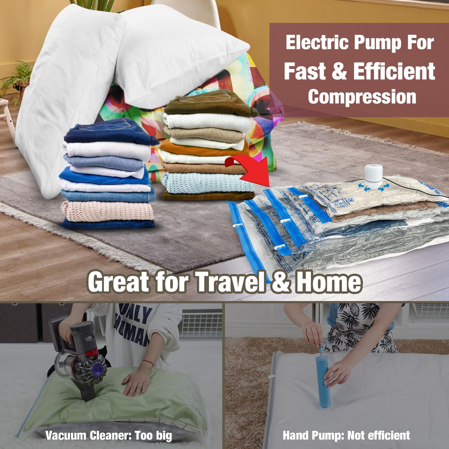 HIBAG Vacuum Storage Bags with Electric Pump, Vacuum Seal Bags for Clothing, Pillows, Blanket Bedding Comforters, 10 pack Jumbo