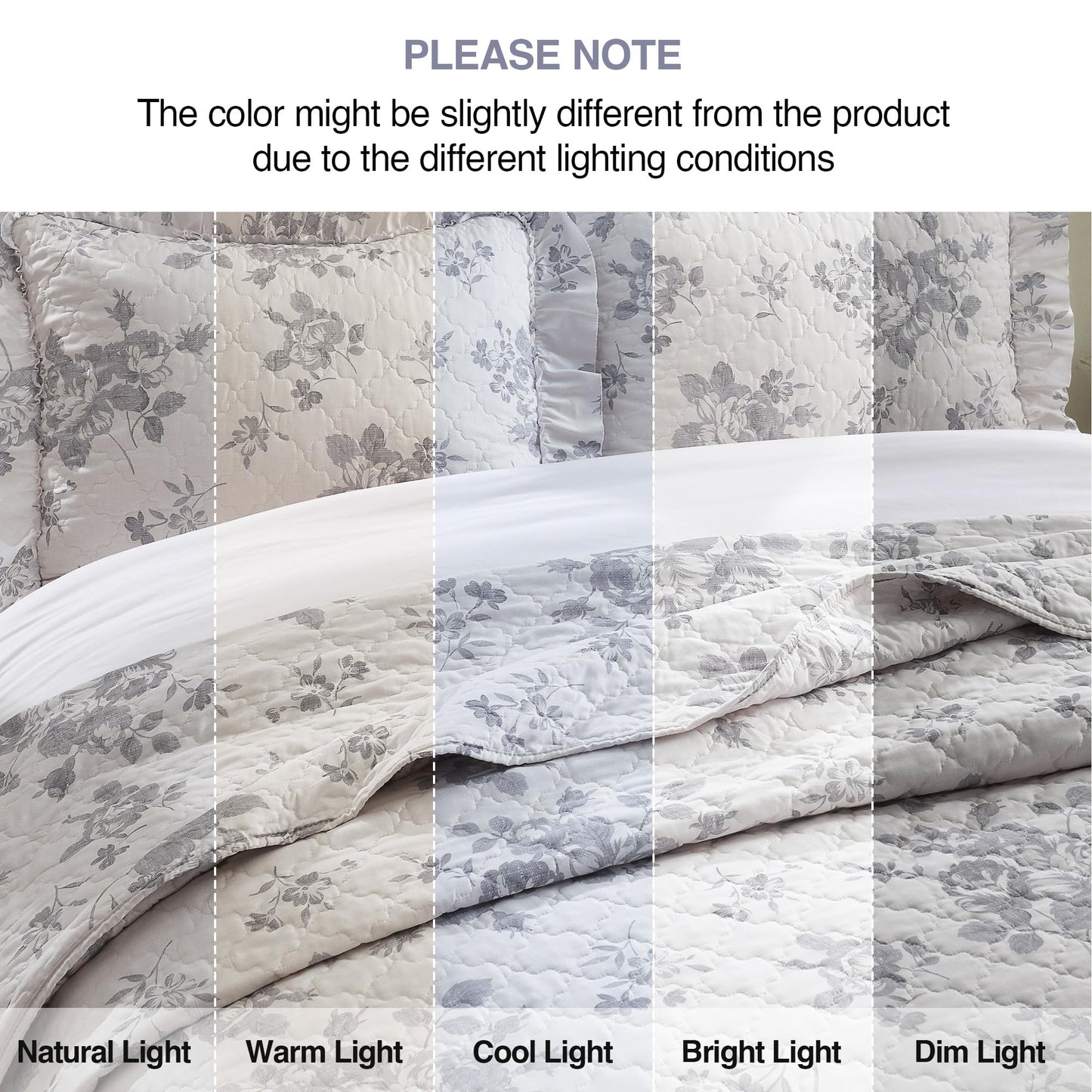 HORIMOTE HOME Greyish Blue Ruffled Quilt King Size with 2 Pillow Shams, Shabby Chic Reversible Floral Bedspread Coverlet, Soft Lightweight Comforter Bed Cover for All Season, 3 Pieces, 106x96 inches