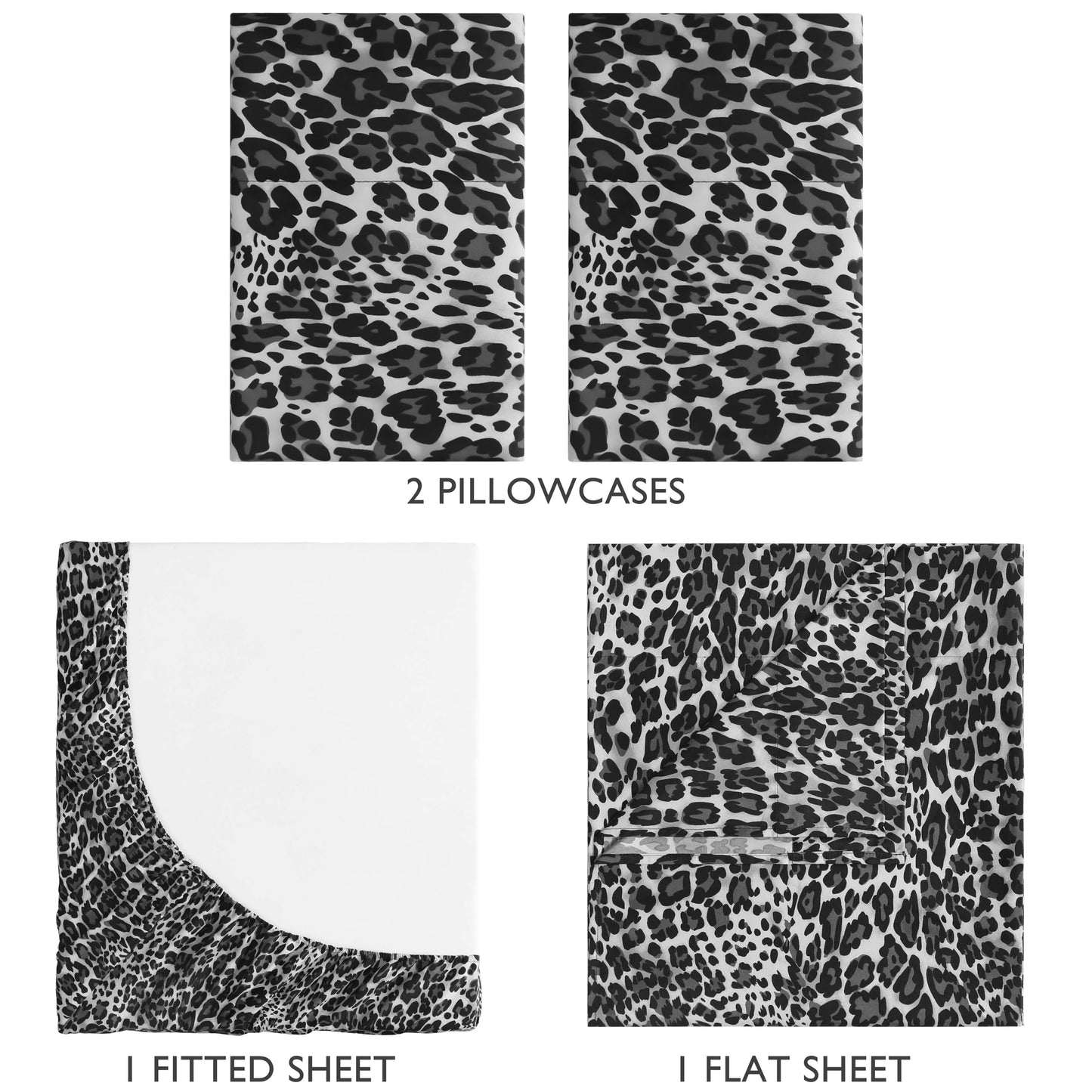 Beatrice Home Fashions Printed Microfiber Sheet Set, Soft Comfortable Easy Care, Includes 1 Fitted Sheet with 12" Deep Pockets, 1 Flat Sheet, Pillowcase, Full, Leopard Gray