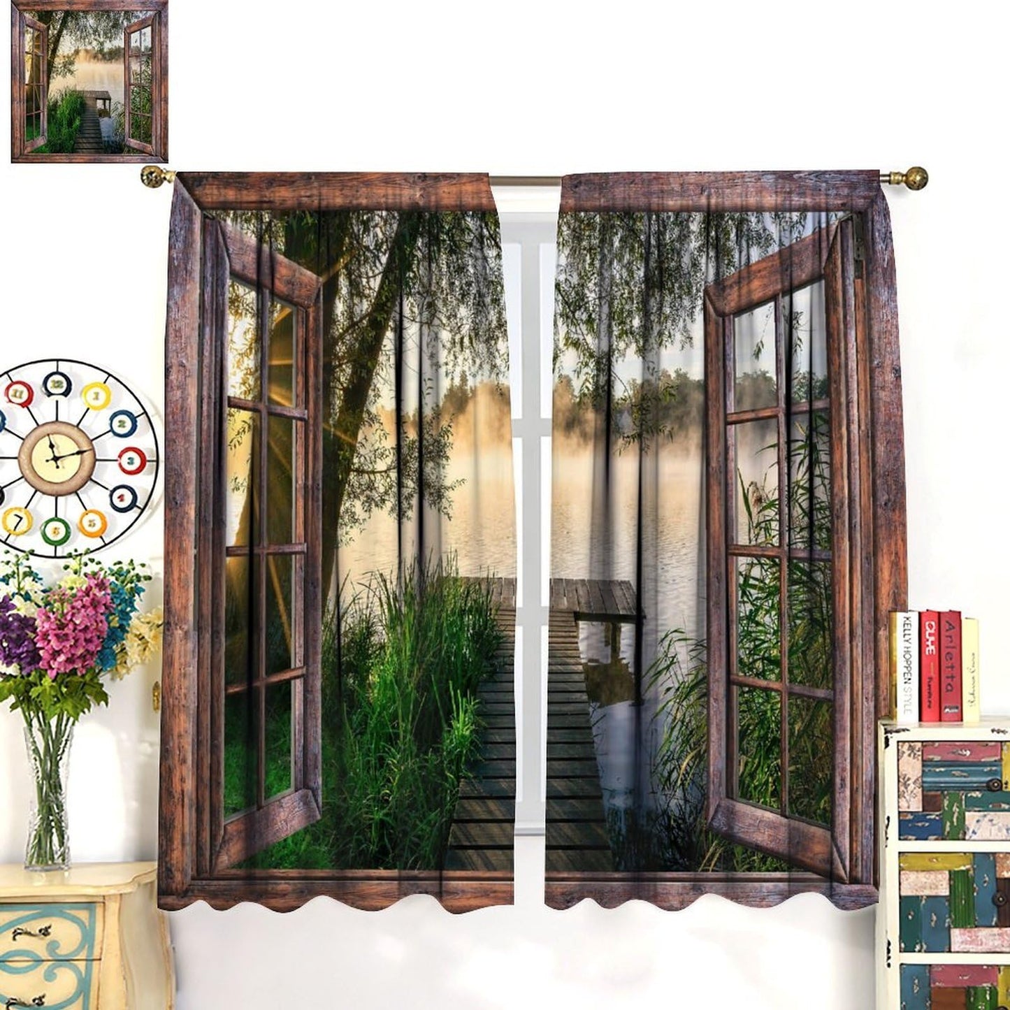 Landscape Scenery Brown Wooden Curtains, Forest Trees Nature Scenery Print Pattern Window Drapes, for Bedroom Living Room 42" W X 45" L (Decorative)