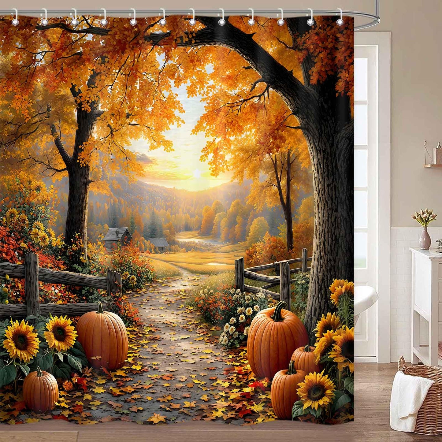 MDDGKH Fall Shower Curtains for Bathroom, Pathway in The Woods Autumn Tree Pumpkin Harvest Thanksgiving Shower Curtain, Cloth Fabric Bath Decor Set with Hooks, 71 x 71 Inch