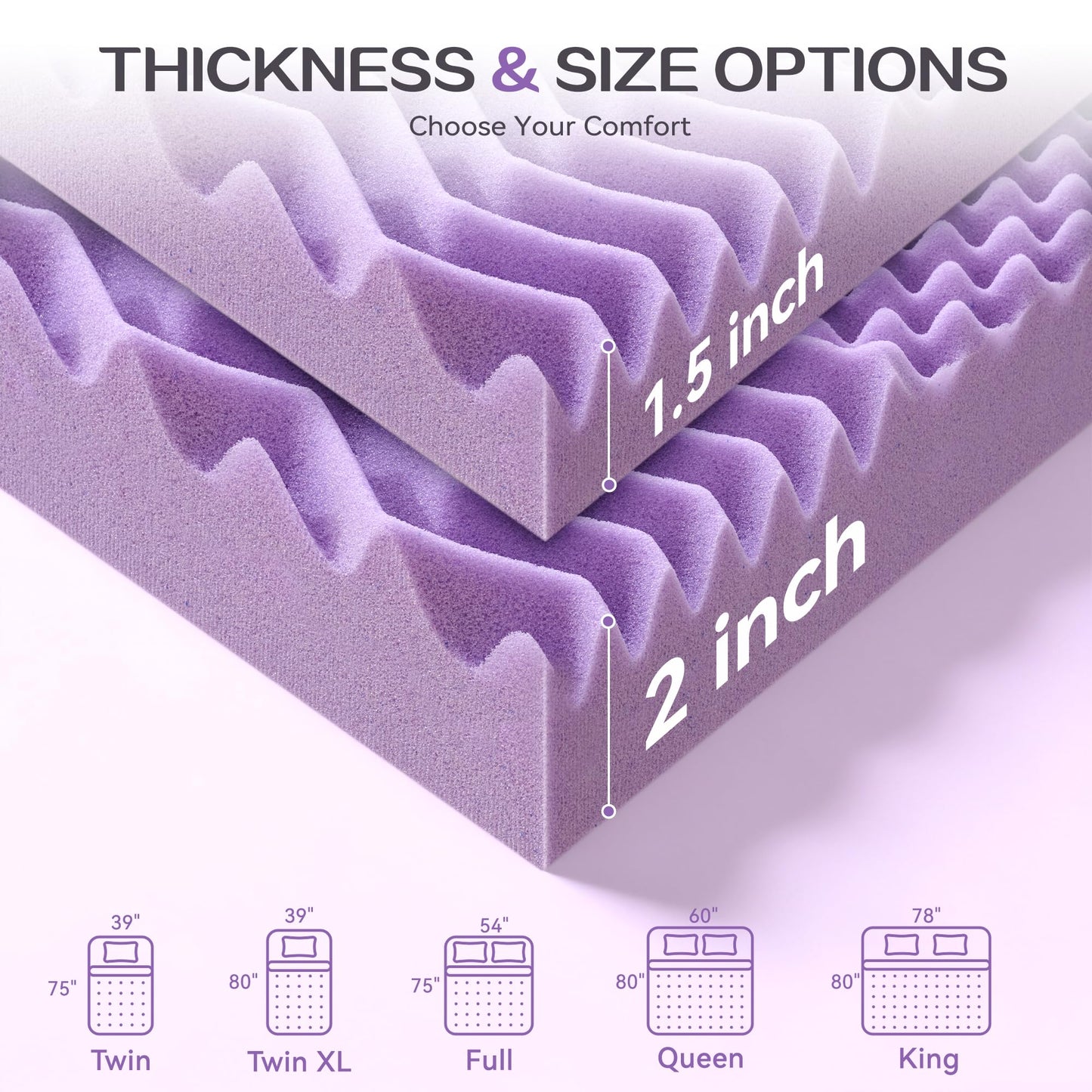SINWEEK 1.5 Inch 7-Zone Memory Foam Mattress Topper Full Size, Soft Mattress Pad for Back Pain Relief, Egg Crate Bed Topper Double Bed Size, CertiPUR-US Certified, Violet