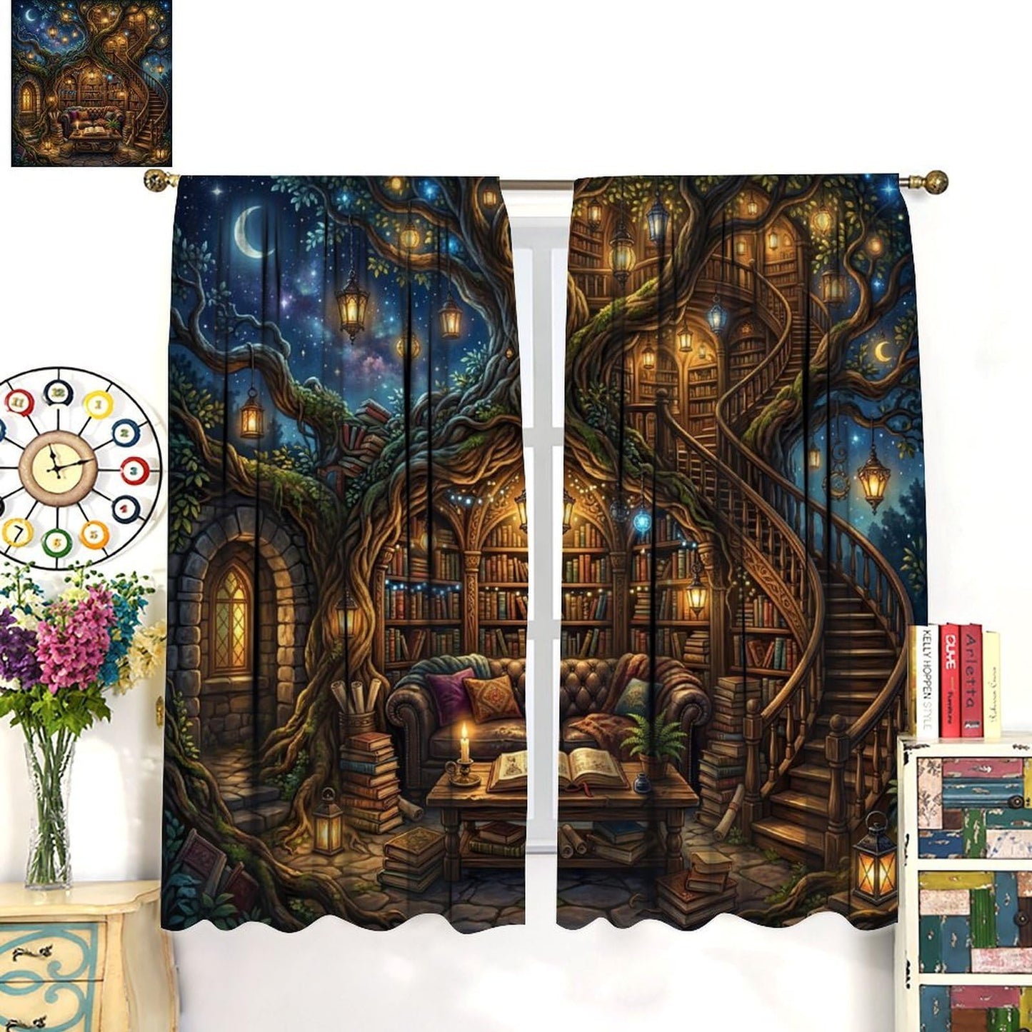 PHTAYOT Fantasy Magical Library Short Curtains,Tree of Life & Magic Bookshelf Decor Window Drapes for Small Windows,2 Panels,42x45 Inch