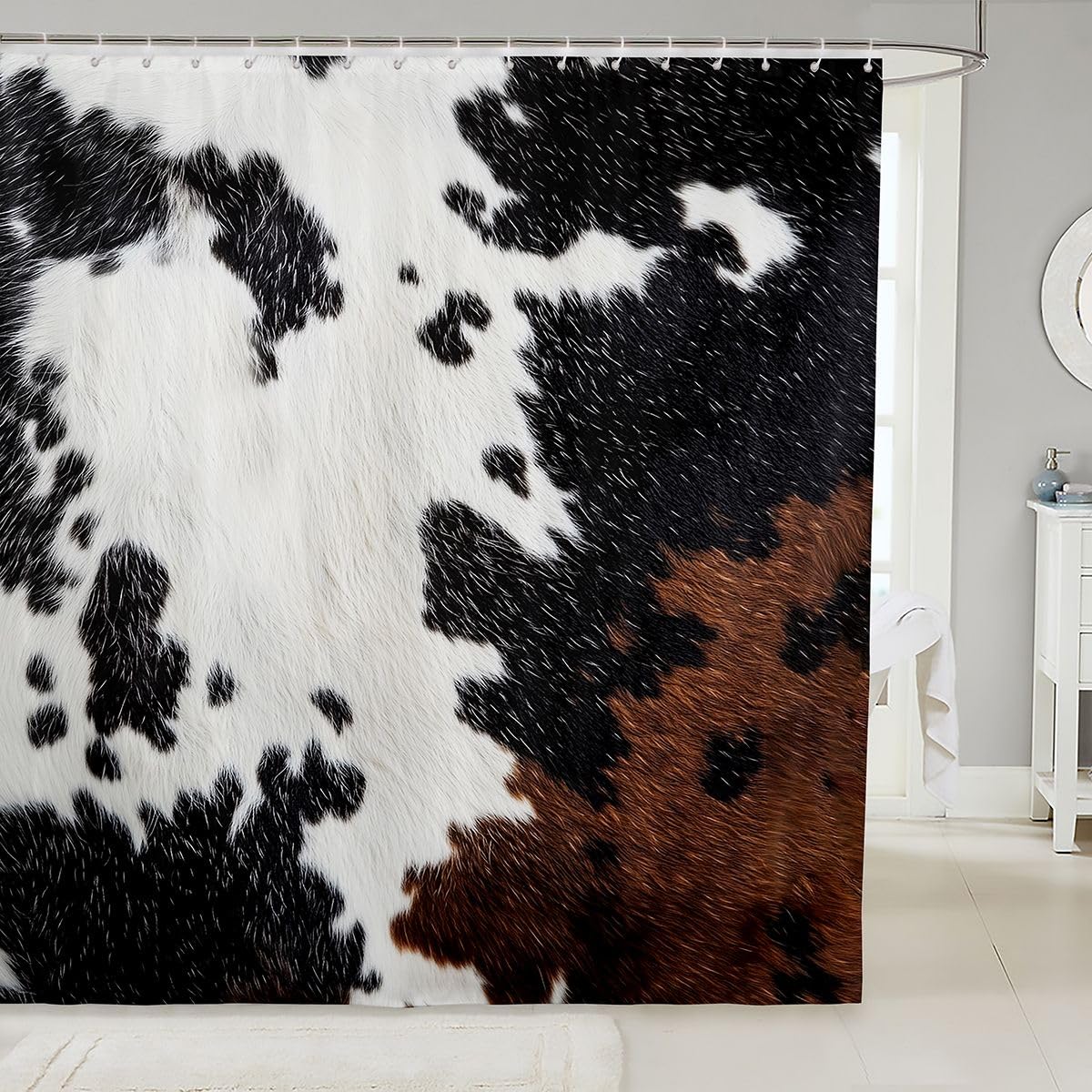 jejeloiu Cow Fur Print Shower Curtain for Bathroom Decor Cowhide Bath Curtain for Stalls Bathtubs Farmhouse Bathroom Accessories Western Farm Animal Skin Waterproof Polyester with 12 Hooks 72"x72"