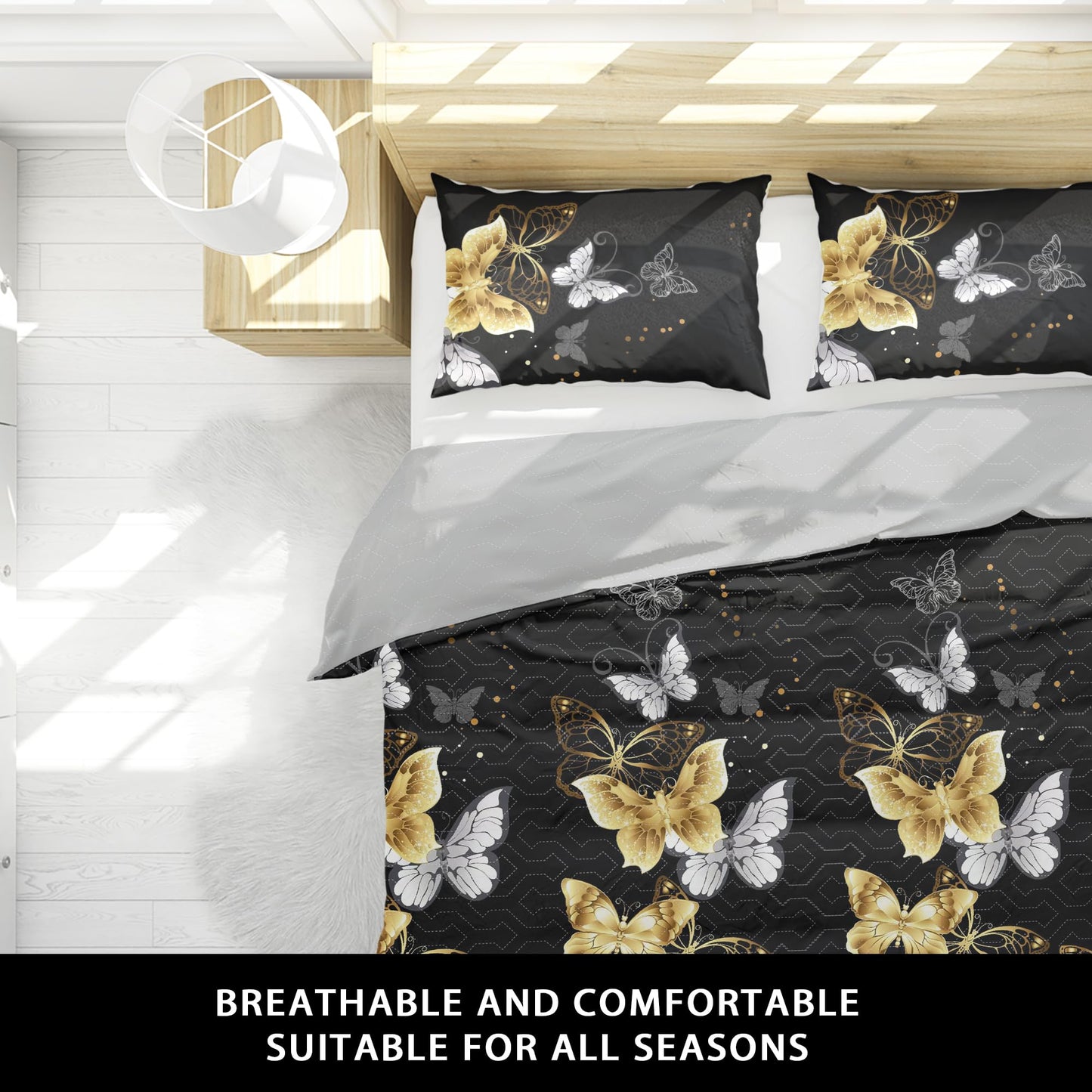 Deepsleep King Bedspread Set 9 Pieces, All Season Luxury Bed in a Bag for Bedroom, with 2 Pillowcases and 6 Curtains, Ultra-Soft Microfiber for Complete Bedroom Decor, Black Gold Butterfly