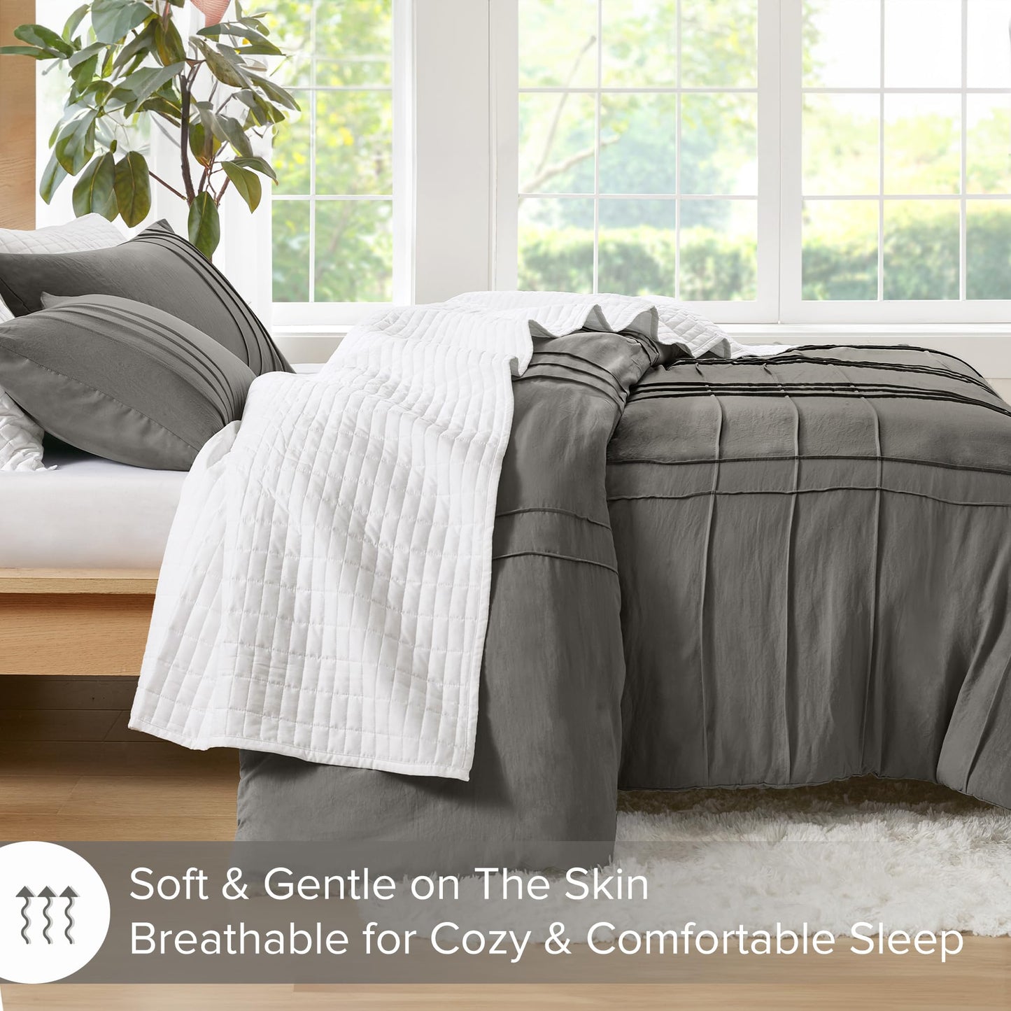 Comfort Spaces Grey King Size Comforter Set - 3 Pieces Pintuck Pleated Bedding Sets, All Season Lightweight, Extra Softness Pre-Washed Microfiber Bed Set, Shams