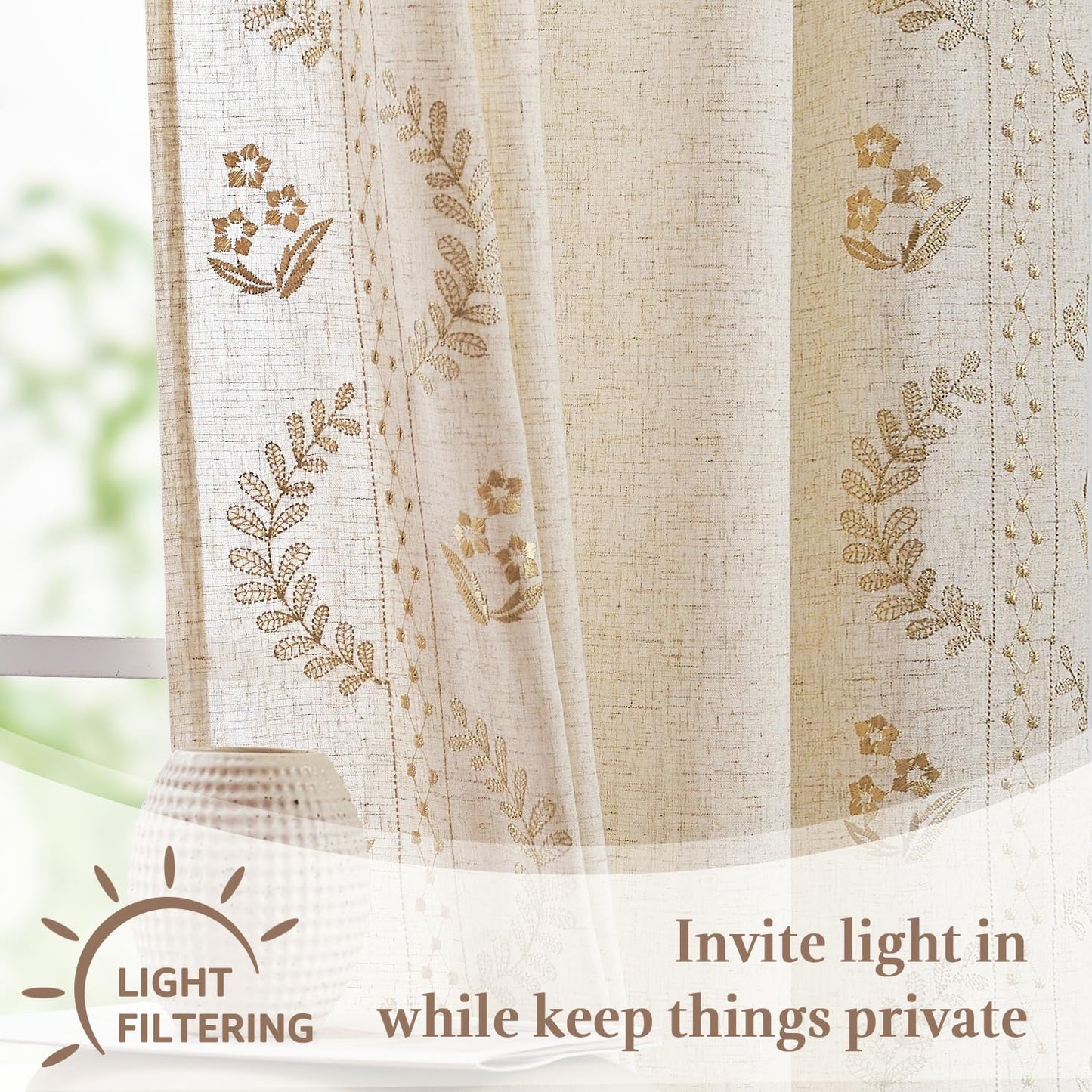 jinchan Belrose Linen Floral Kitchen Curtains 24 inch Length Embroidered Farmhouse Cafe Curtains for Living Room Bathroom Small Windows Curtain Set Sheer Light Filtering 2 Panels Beige