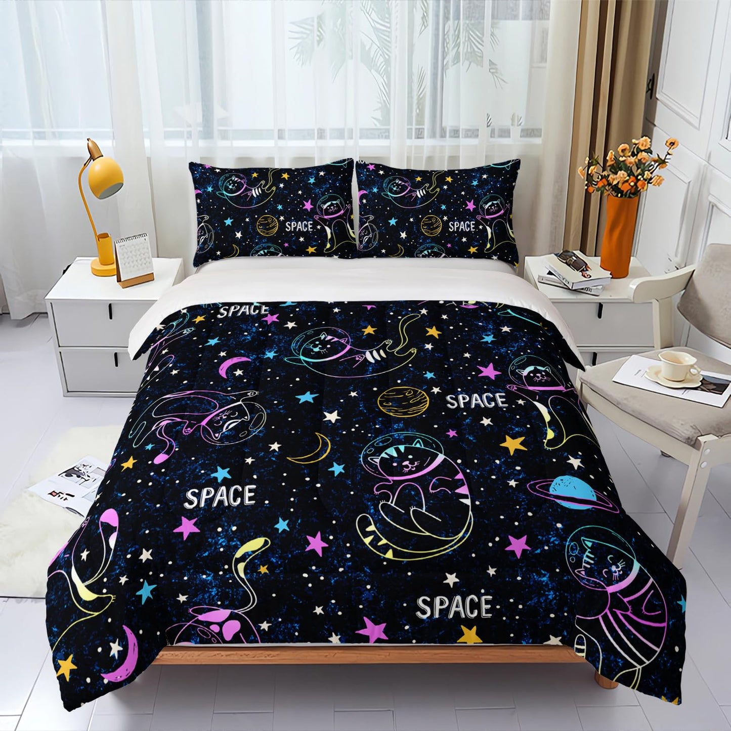 Nttopship Space Cat Comforter Set Queen,Kawaii Cat Moon Stars 3 Pieces Bedding Set for Teens Kids,Galaxy Down Alternative Bed Comforters Bedding Sets for All Season