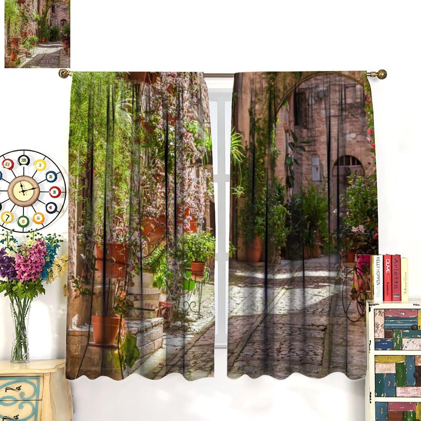 Italy Town Decor Curtain, Rustic Italian Street Sun Stone Alley Green Plant Pink Flower Landscape Print Rod Pocket Window Drapes, for Bedroom Living Room Kitchen 42" W X 45" L