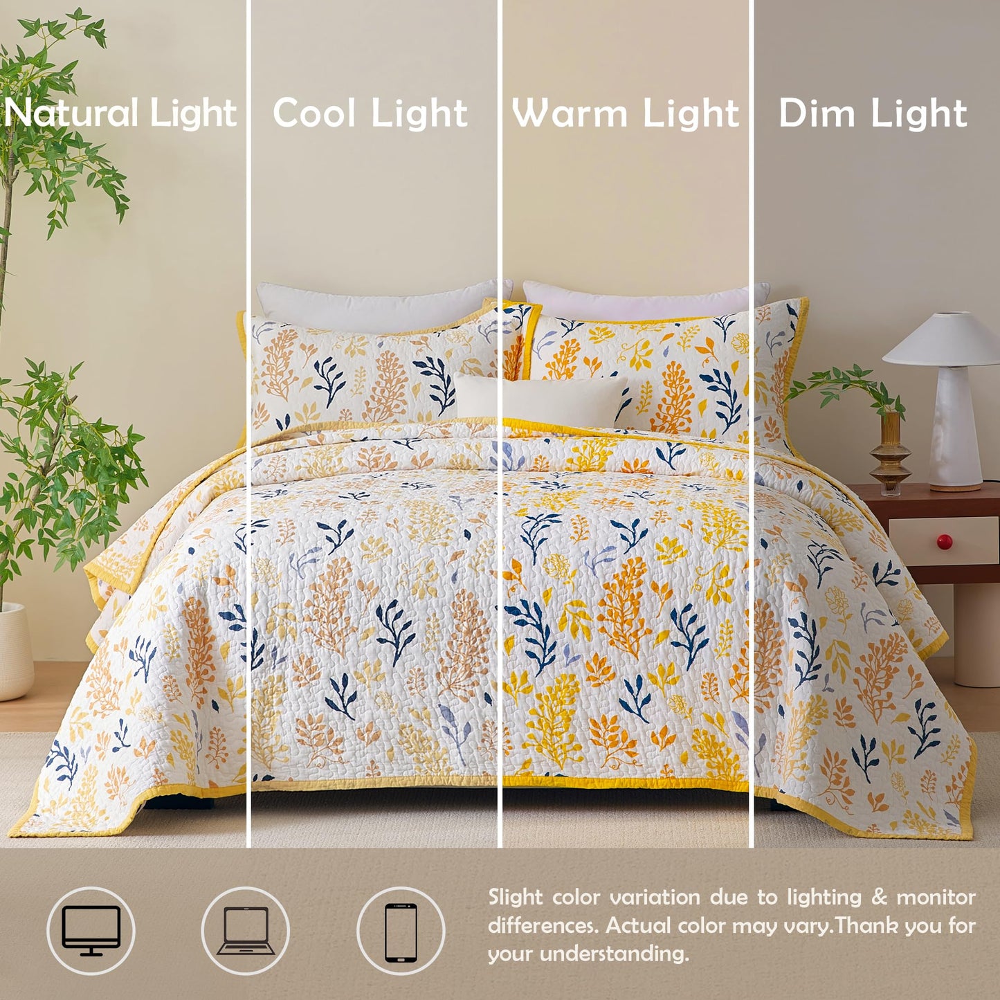 Cinefoso King Size Quilt - Floral Quilt Bedding Set 100% Cotton - Lightweight Farmhouse Bedspread for All Season 3-Piece - Yellow/White/Orange