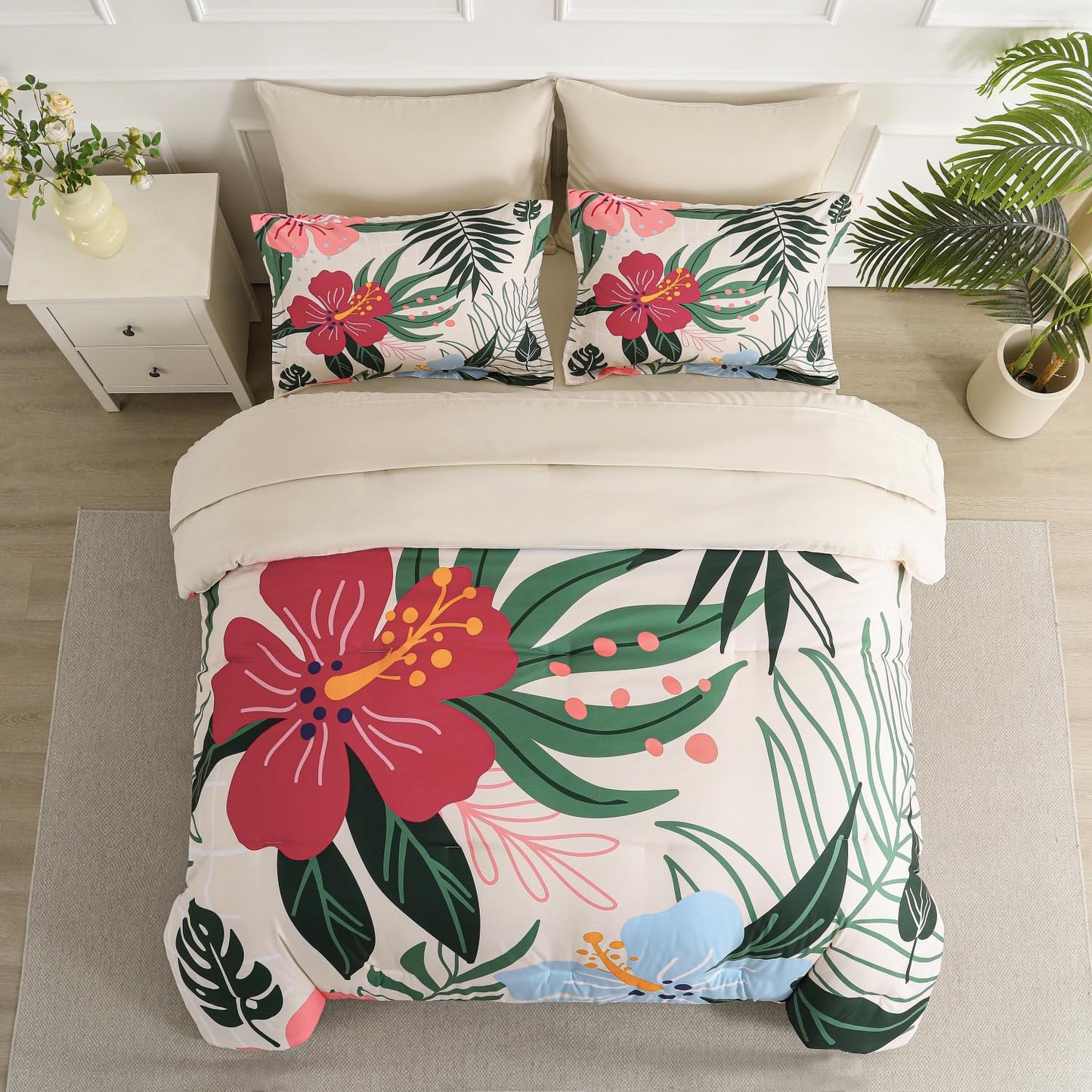 Yogeneg 7 Piece Bed in a Bag Queen Size Comforter Set Beige Bedding Set,Pink Floral Green Leaves Pattern Reversible Design,Soft Microfiber Comforter with Sheet Set,All Season(Beige,Queen)