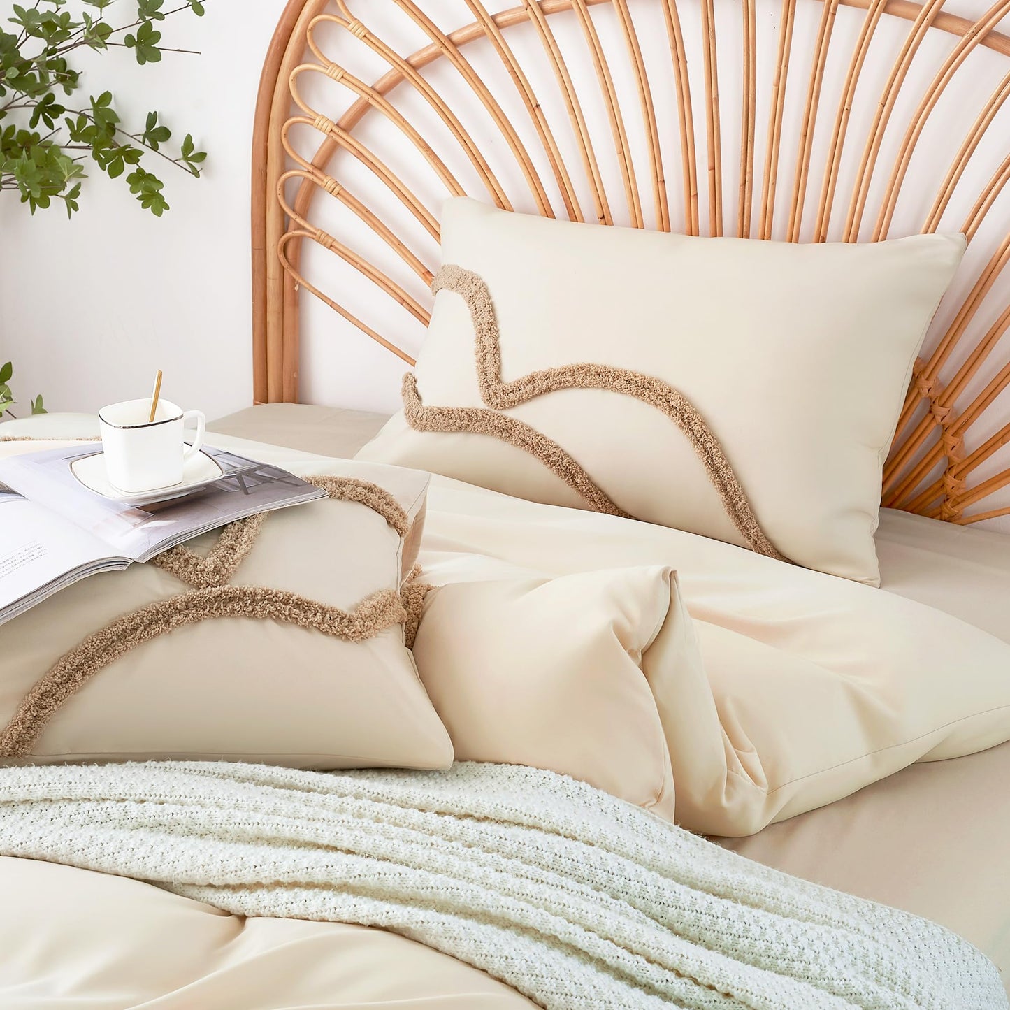 Ubo&Heng'er Duvet Cover Queen Size, 3 Pieces Duvet Covers Set, Boho Tufted Comforter Sets with Zipper Closure, Soft Breathable Floral Bedding Set for All Seasons(Beige, Queen, 90"x90")